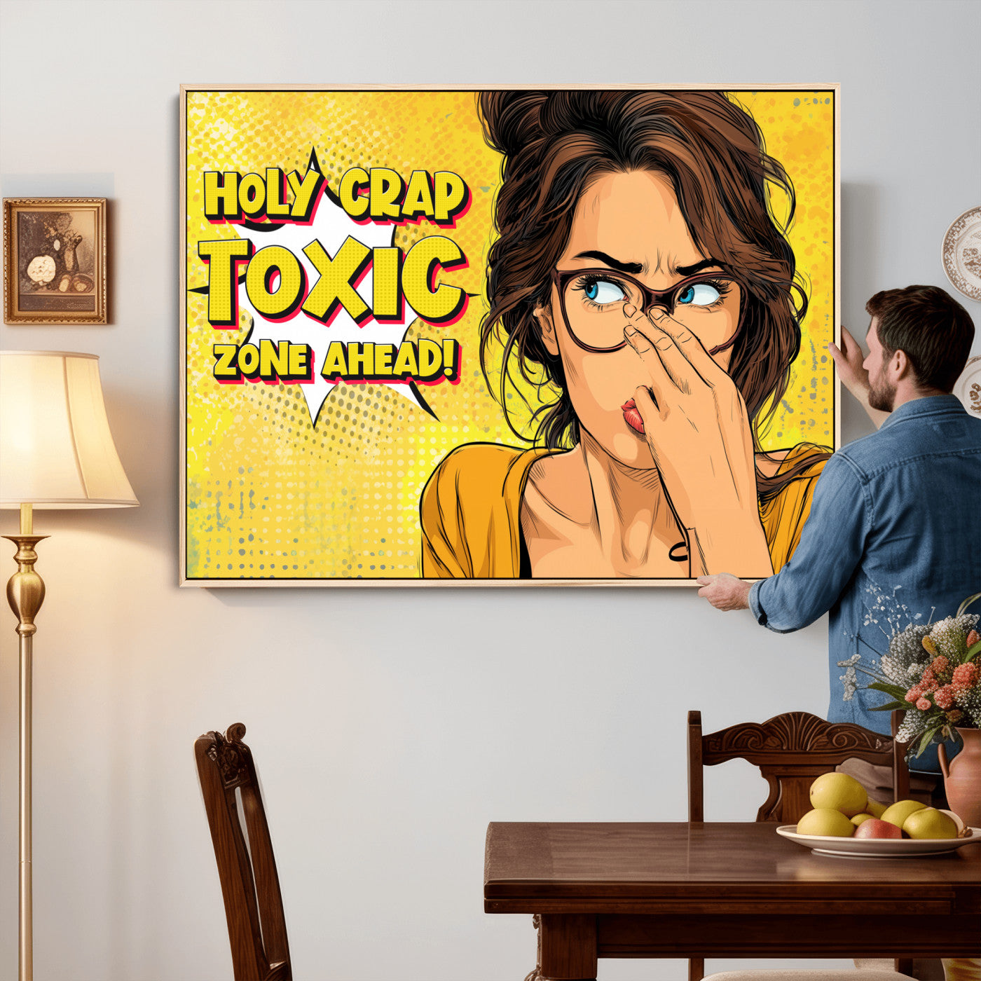 96263876-MGV-CV-36X24 - Pop Art Print Bathroom Sign Wall Art Canvas Print — Funny Bathroom Canvas | Comic Style Toilet Wall Decor | Humor Gift | Yellow Bold Bathroom Art