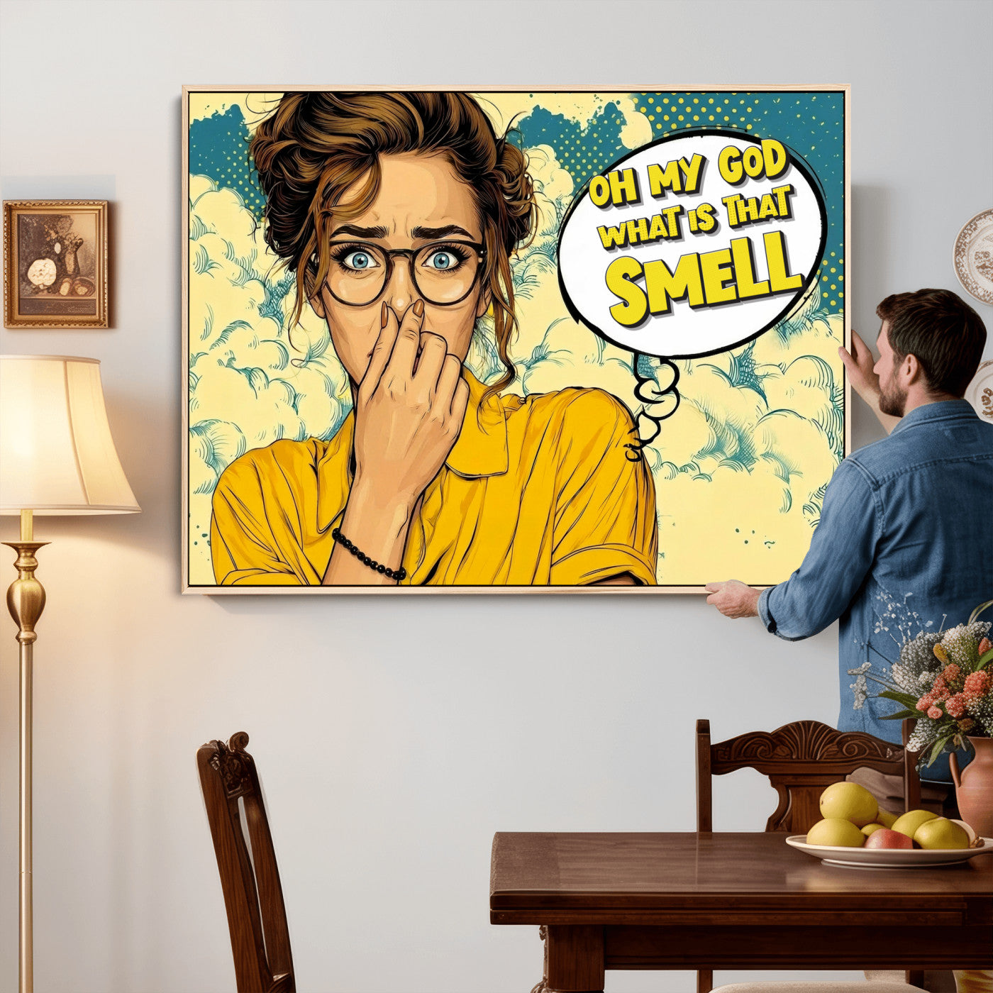 B79156505-MGV-CV-36X24 - Pop Art Print Bathroom Sign Wall Art Canvas Print — Funny Bathroom Canvas | Comic Style Toilet Wall Decor | Humor Gift | What is that Smell