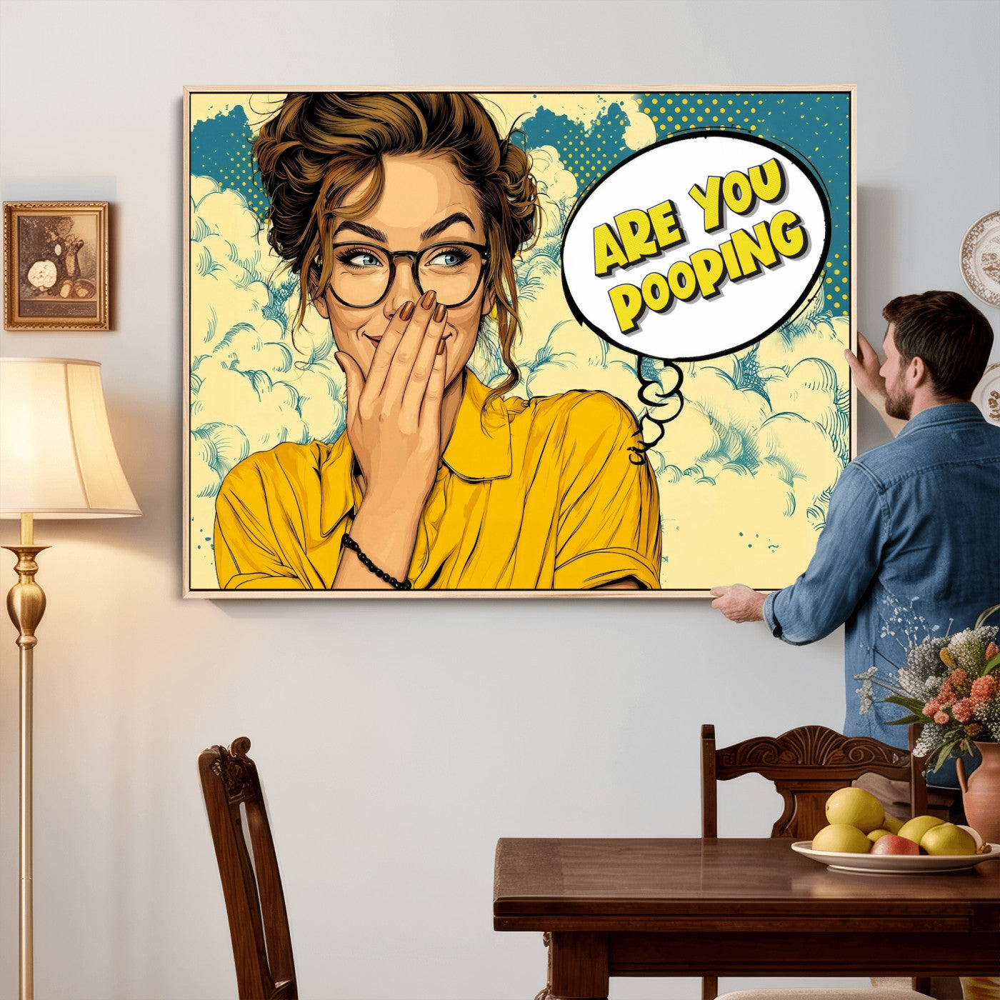 P79156505-MGV-CV-36X24 - Pop Art Print Bathroom Sign Wall Art Canvas Print — Funny Bathroom Canvas | Comic Style Toilet Wall Decor | Humor Gift | Are you Pooping