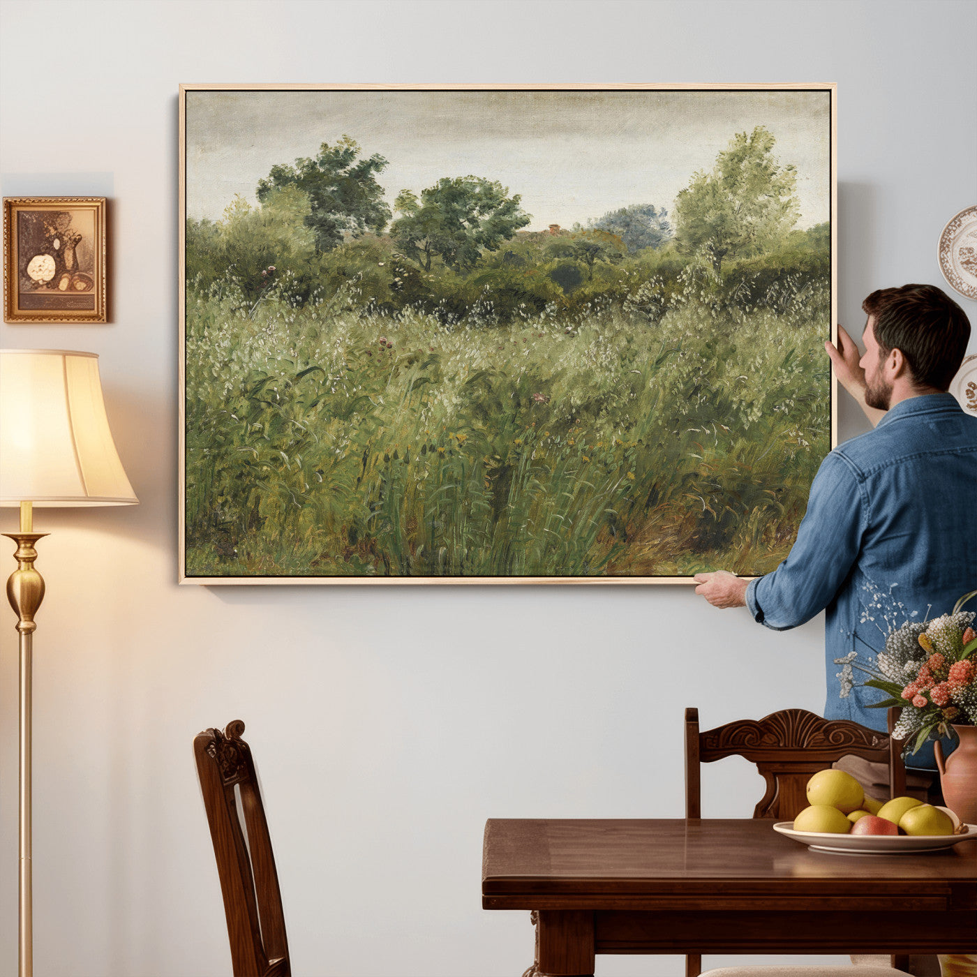 92328261-MGV-CV-36X24 - Wildflower Meadow Canvas Wall Art, Impressionist Overgrown Field Painting Print, Vintage Green Nature Decor, Cottagecore Botanical Art, Living Room Print