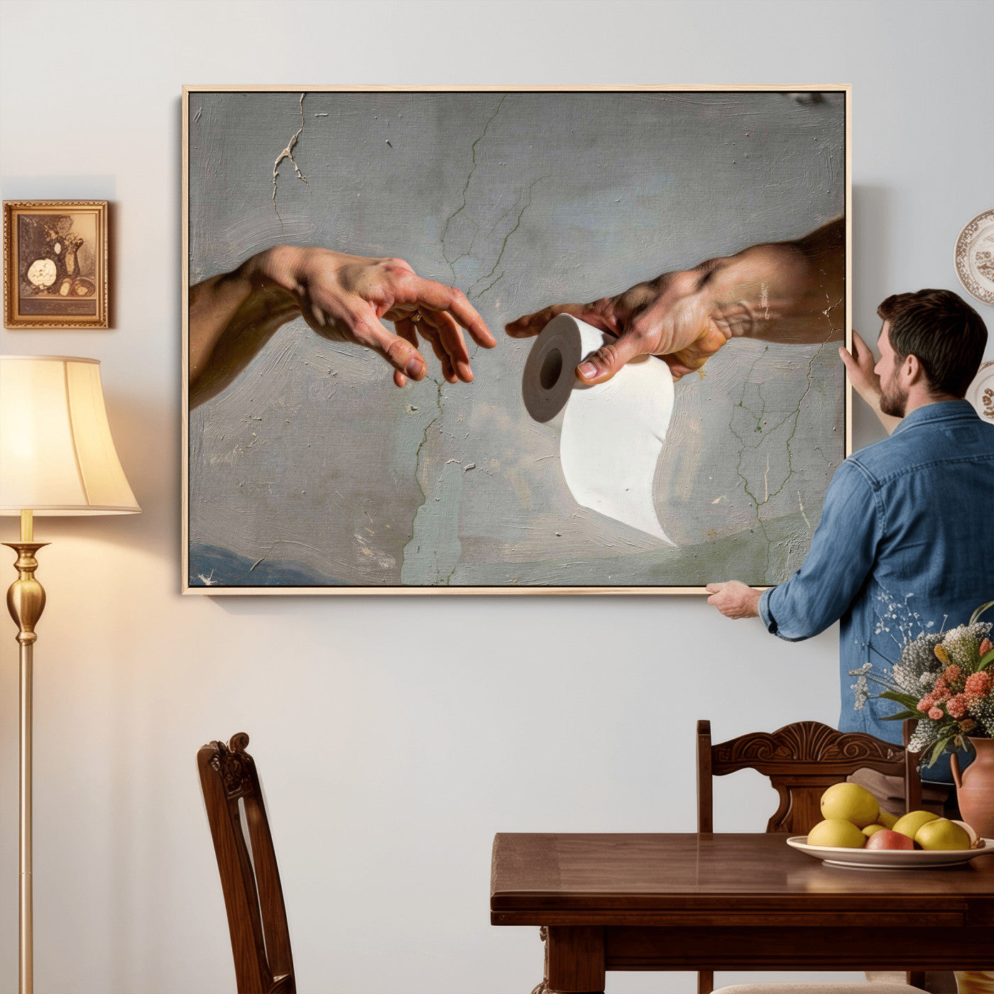 72030048-MGV-CV-36X24 - Funny Bathroom Wall Art Canvas, Creation of Toilet Paper Parody Print, Renaissance Humor Decor, Toilet Room Art, Quirky Housewarming Gift, Classic Art Spoof