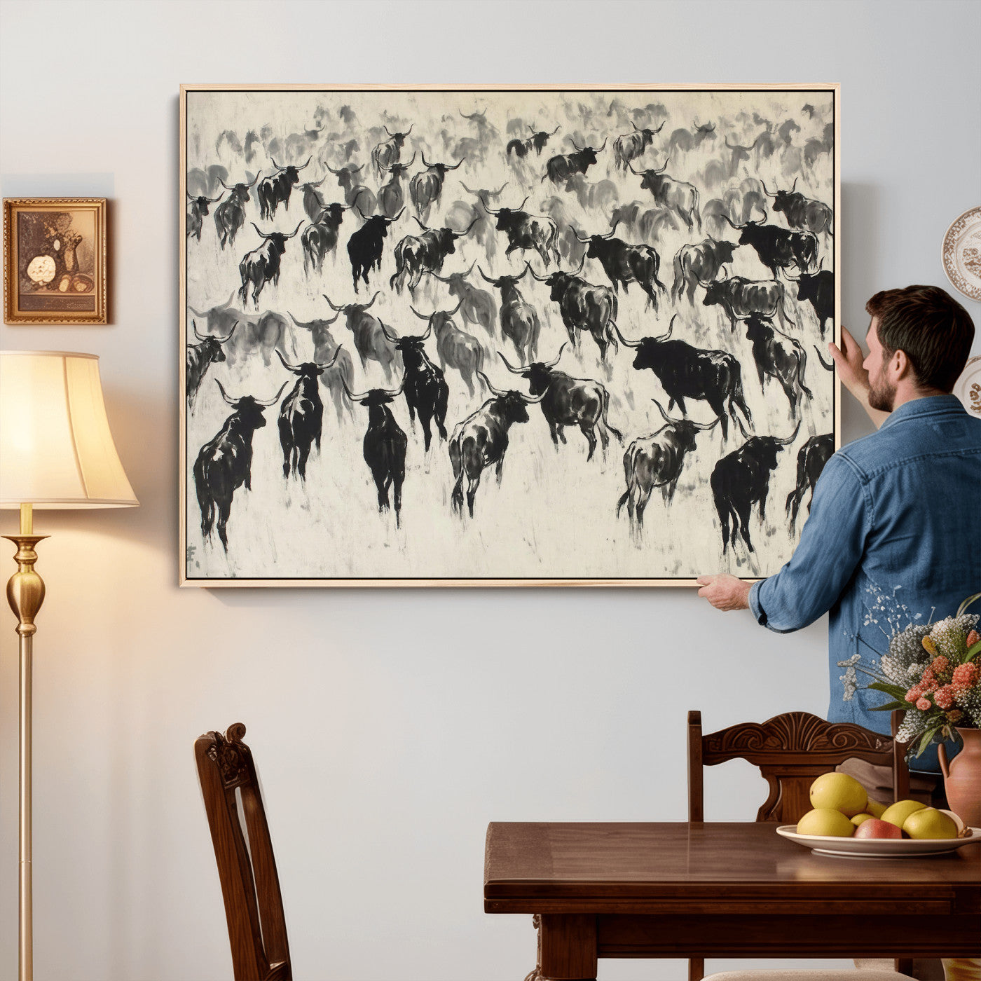 68669792-MGV-CV-36X24 - Longhorn Cattle Canvas Wall Art, Black White Stampede Ink Painting Print, Western Farmhouse Decor, Bull Herd Art, Large Living Room Wall Art, Ranch Home Decor