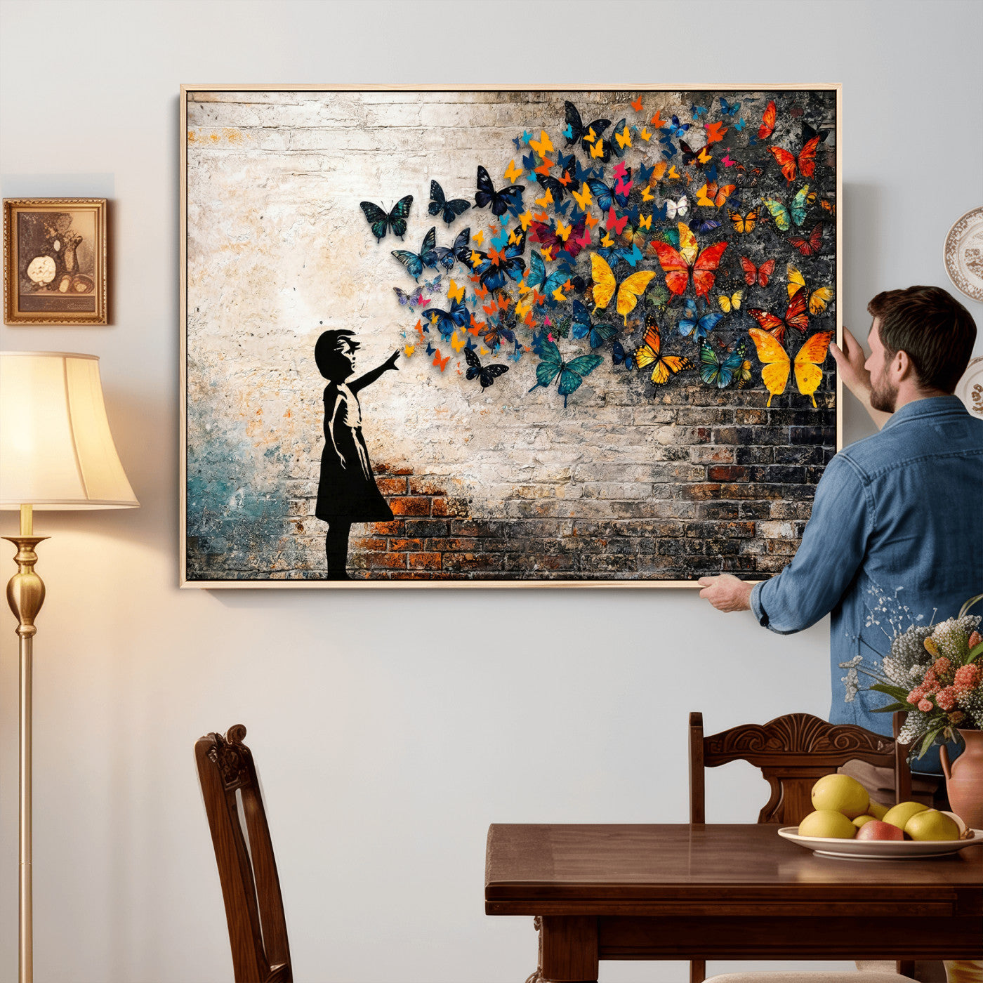 78760384-MGV-CV-36X24 - Banksy Graffiti Butterfly Girl Wall Art Canvas Print, Framed Street Art Canvas Print, Silhouette Butterfly Wall Art for Living Room Bedroom Office