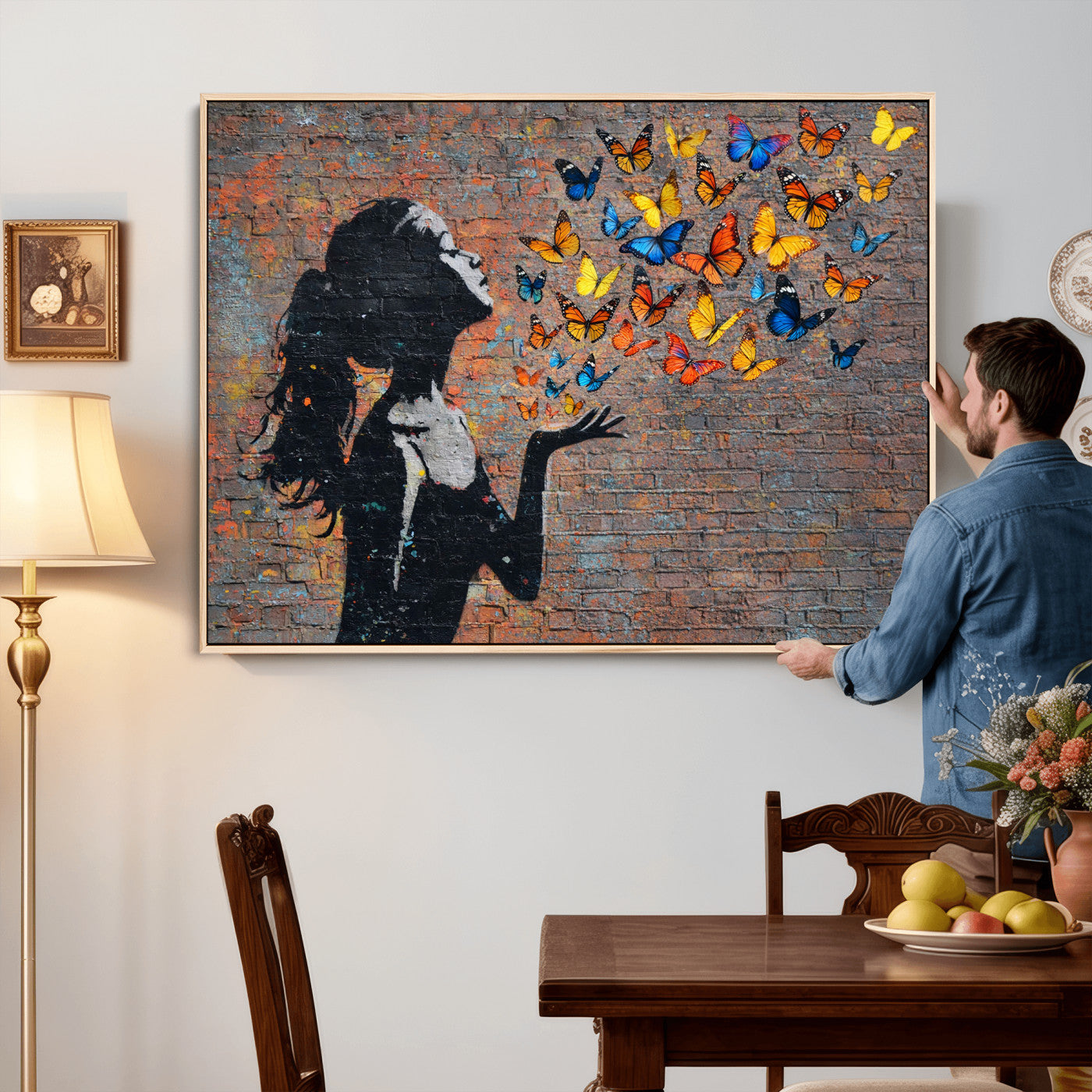10555939-MGV-CV-36X24 - Urban Banksy Butterfly Girl Wall Art Canvas Print, Framed Street Art Canvas Print, Graffiti Silhouette Butterfly Wall Art for Living Room Bedroom Office