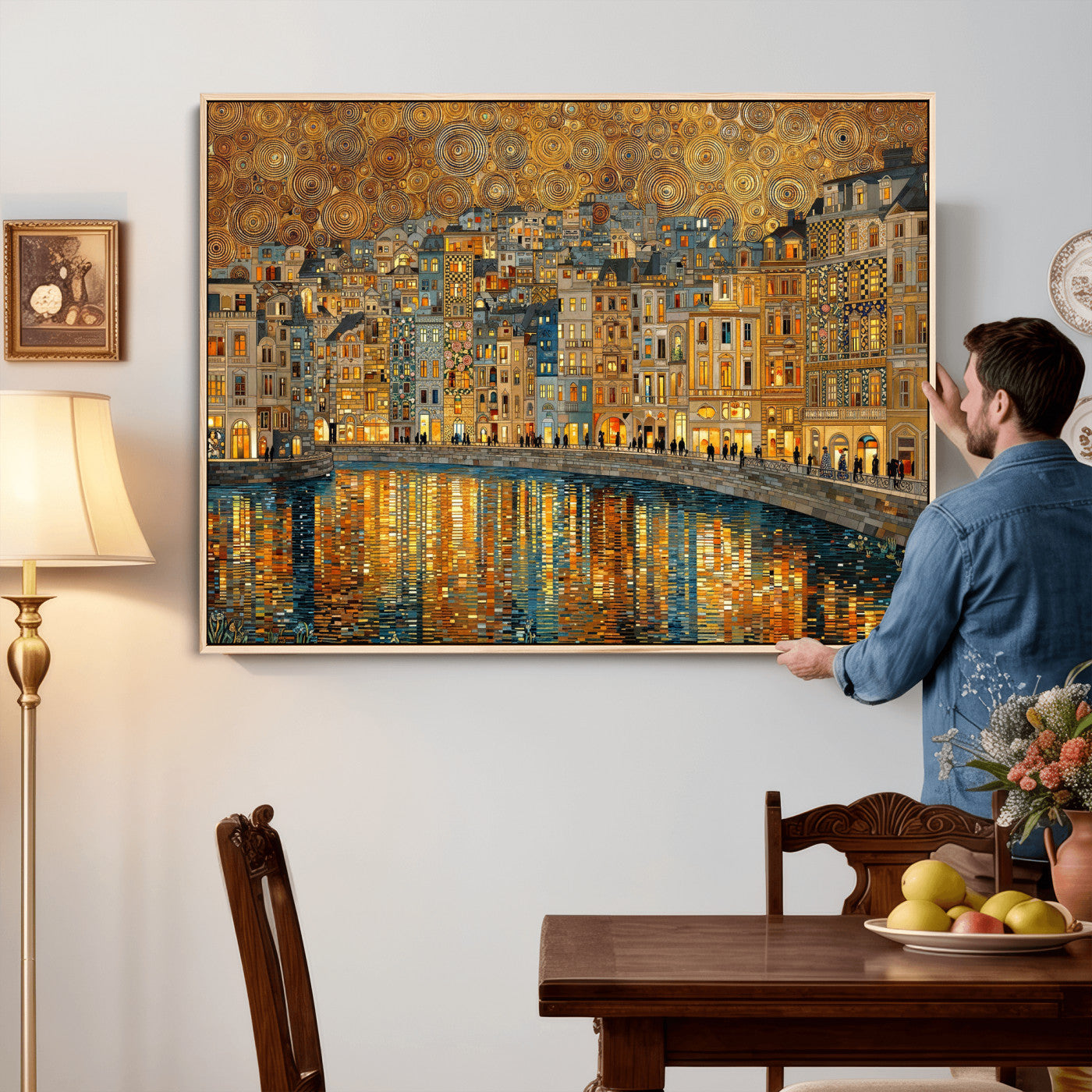94022787-MGV-CV-36X24 - Gustav Klimt Golden Cityscape Wall Art Canvas Print, Framed River Town Landscape Artwork, Ornate Architecture Wall Decor for Living Room Bedroom Office
