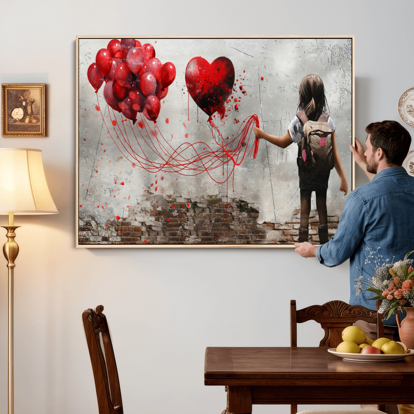 2162830T-MGV-CV-36X24 - Girl Graffiti Wall Art Canvas Print, Red Balloon Heart Street Art, Urban Love Artwork for Living Room Bedroom Hallway Office, Modern Abstract Canvas Wall Decor Home Decor
