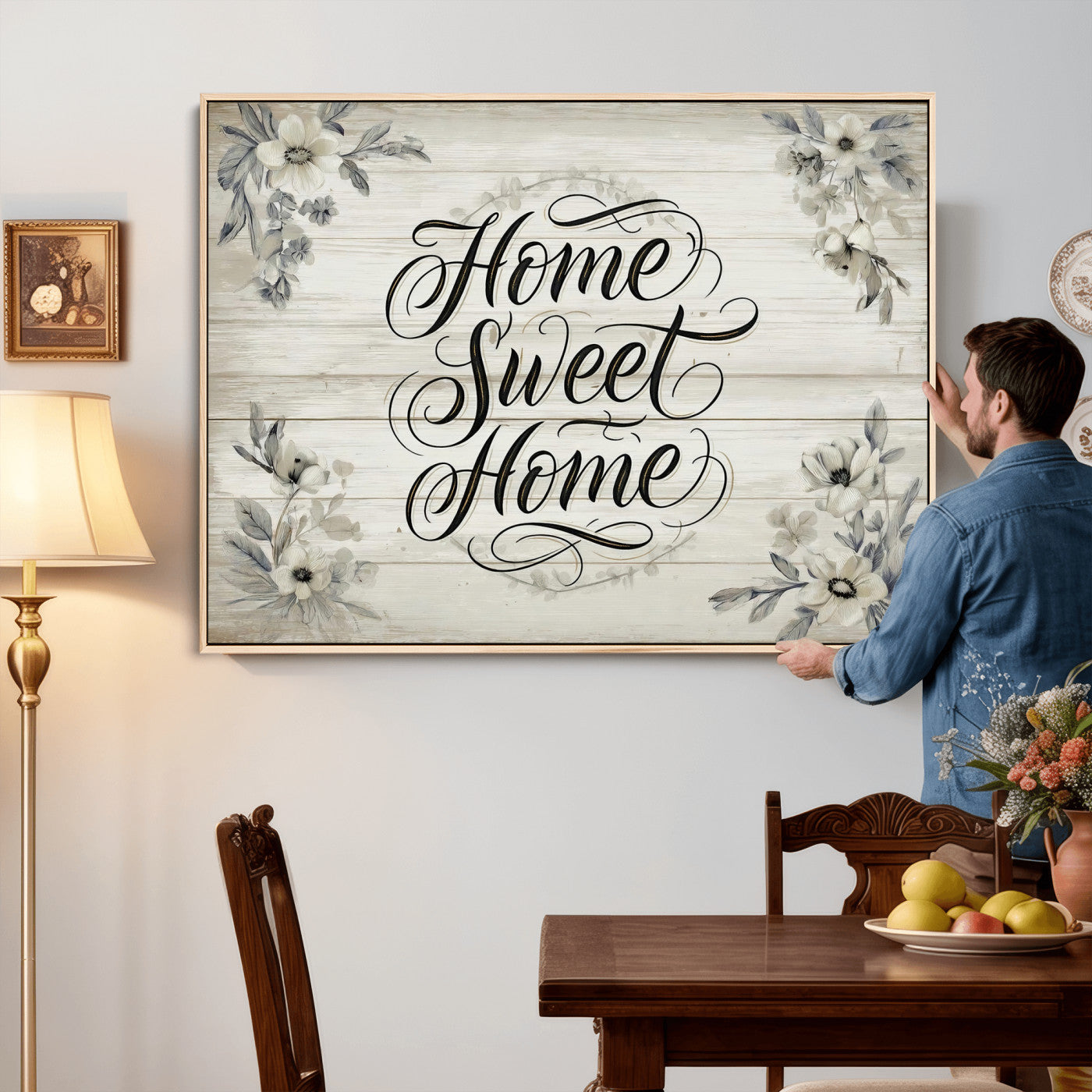 11120405-MGV-CV-36X24 - Home Sweet Home Wall Art Canvas Print, Floral Farmhouse Sign, Rustic Neutral Entryway Bedroom Living Room Decor