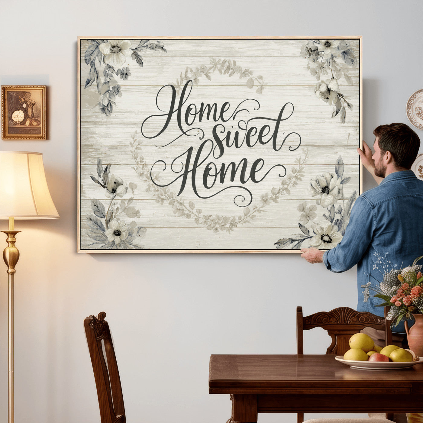 81157008-MGV-CV-36X24 - Home Sweet Home Wall Art Canvas Print, Floral Farmhouse Sign, Rustic Neutral Entryway Bedroom Living Room Decor