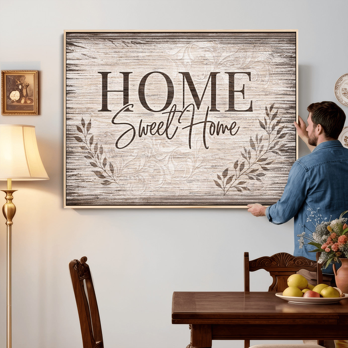 81157008S-MGV-CV-36X24 - Home Sweet Home Wall Art Canvas Print, Floral Farmhouse Sign, Rustic Neutral Entryway Bedroom Living Room Decor