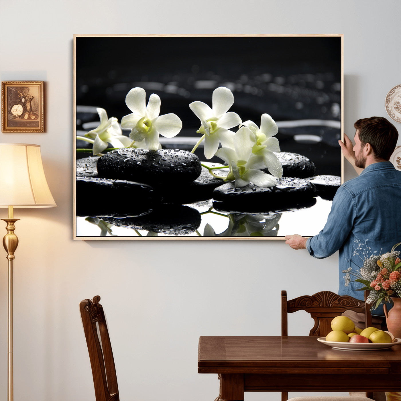 79486206-MGV-CV-36X24 - Plumeria Frangipani Black Stone Canvas | White Flower Spa Photography Print | Tropical Zen Wall Art | Grey Pebble Floral for Meditation Room Decor