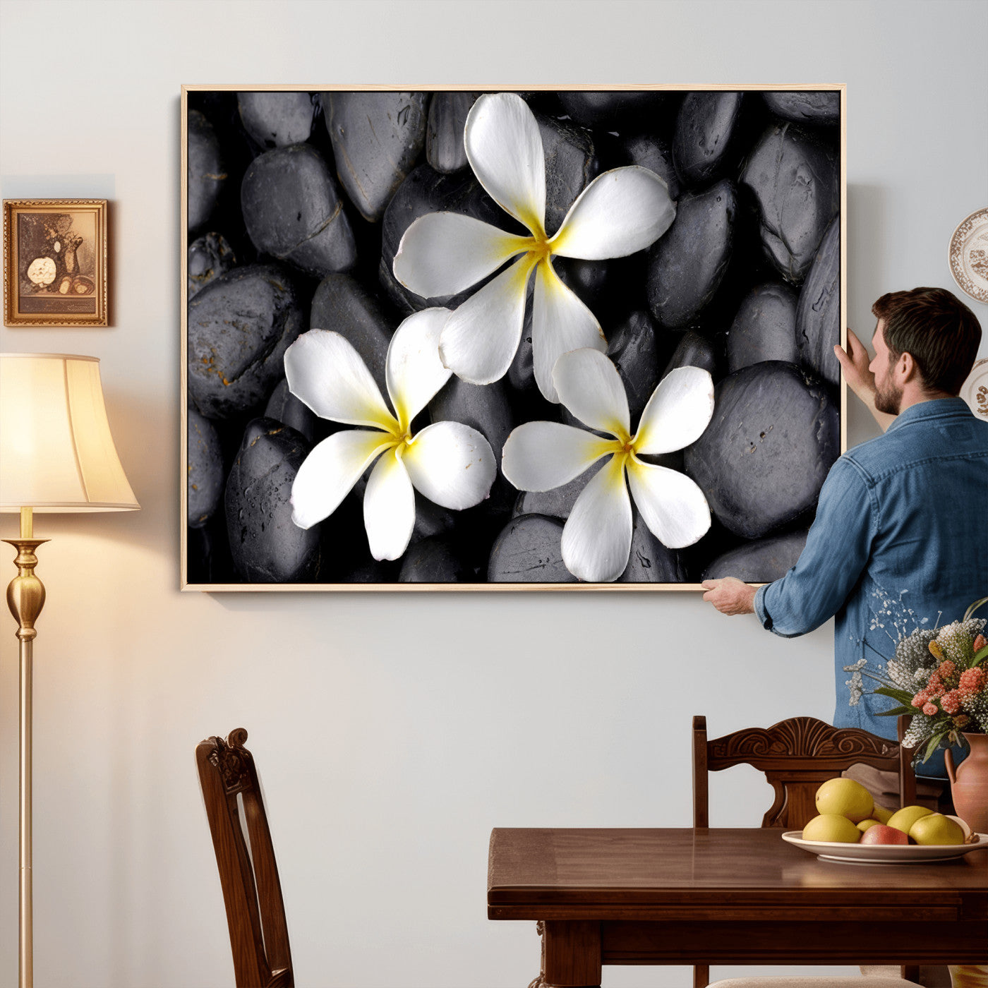 43639613-MGV-CV-36X24 - Plumeria Frangipani Black Stone Canvas | White Flower Spa Photography Print | Tropical Zen Wall Art | Grey Pebble Floral Decor