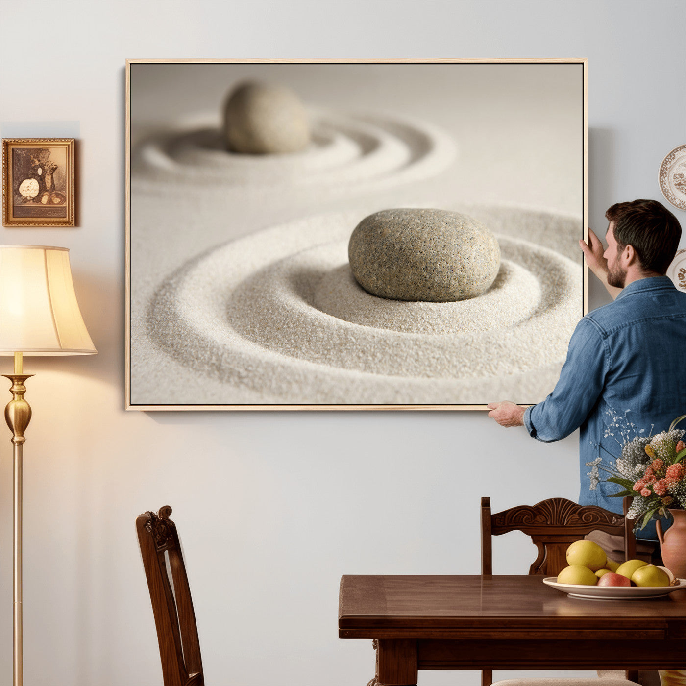 13397966-MGV-CV-36X24 - Zen Garden Stone Sand Canvas | Japanese Rock Garden Wall Art | Minimalist Meditation Print | Neutral Beige Mindfulness Decor