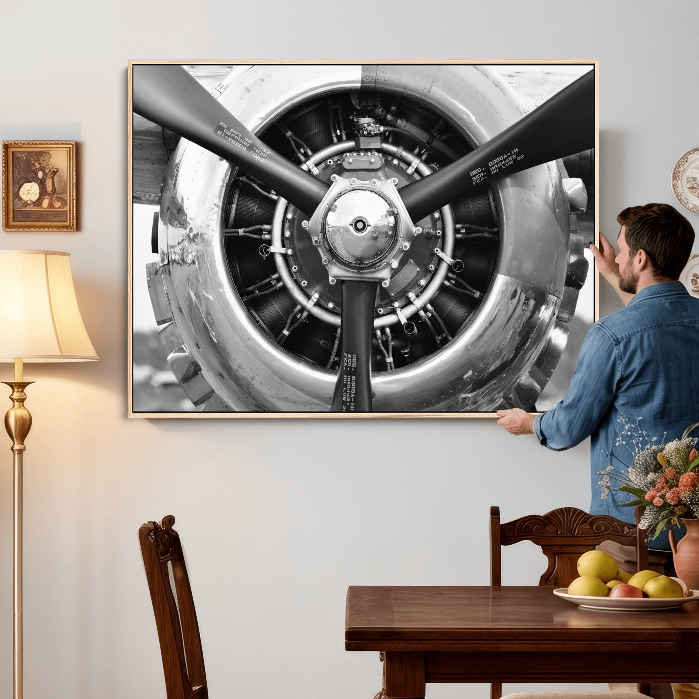 73322230-MGV-CV-36X24 - Vintage Propeller Plane Wall Art Canvas Print, Black and White Airplane Engine Close Up Framed Aviation Artwork for Pilot Office Hangar Decor