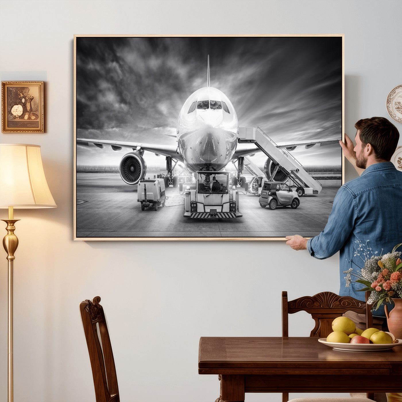 85885848-MGV-CV-36X24 - Airplane Wall Art Canvas Print, Black and White Jet Aircraft Airport Runway Framed Aviation Artwork for Pilot Office Hangar Travel Decor