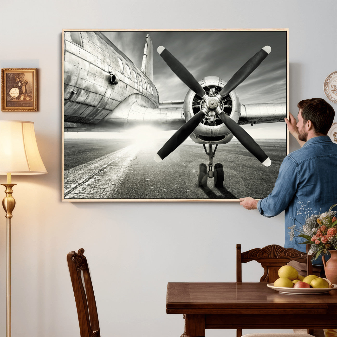 16420255-MGV-CV-36X24 - Vintage Airplane Wall Art Canvas Print, Black and White Propeller Aircraft Framed Aviation Artwork for Pilot Office Hangar Living Room Decor