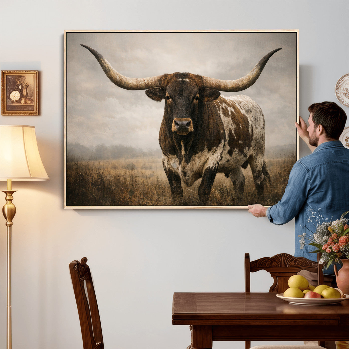 17622011L-MGV-CV-36X24 - Longhorn Bull Wall Art Canvas Print, Western Farmhouse Cowboy Decor, Rustic Texas Ranch Cattle Artwork for Living Room Bedroom Office, Framed Wall Decor