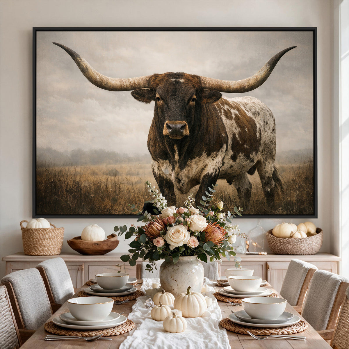 17622011L-_Poster-30x20 - Longhorn Bull Wall Art Canvas Print, Western Farmhouse Decor