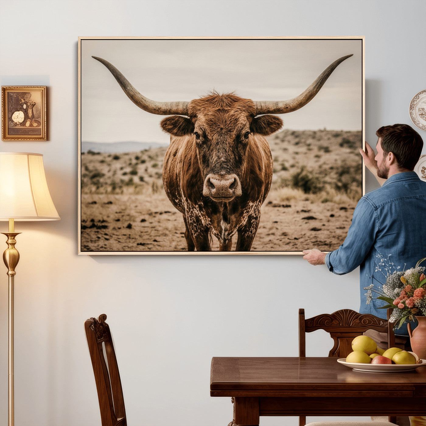 17622011K-MGV-CV-36X24 - Texas Longhorn Bull Wall Art Canvas Print, Western Farmhouse Cowboy Decor, Rustic Texas Ranch Cattle Artwork for Living Room Bedroom Office, Framed Wall Decor