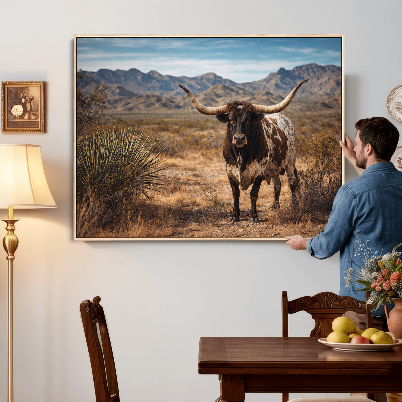 17622011S-MGV-CV-36X24 - Texas Longhorn Bull Wall Art Canvas Print, Western Farmhouse Cowboy Decor, Rustic Texas Ranch Cattle Artwork for Living Room Bedroom Office, Framed Wall Decor