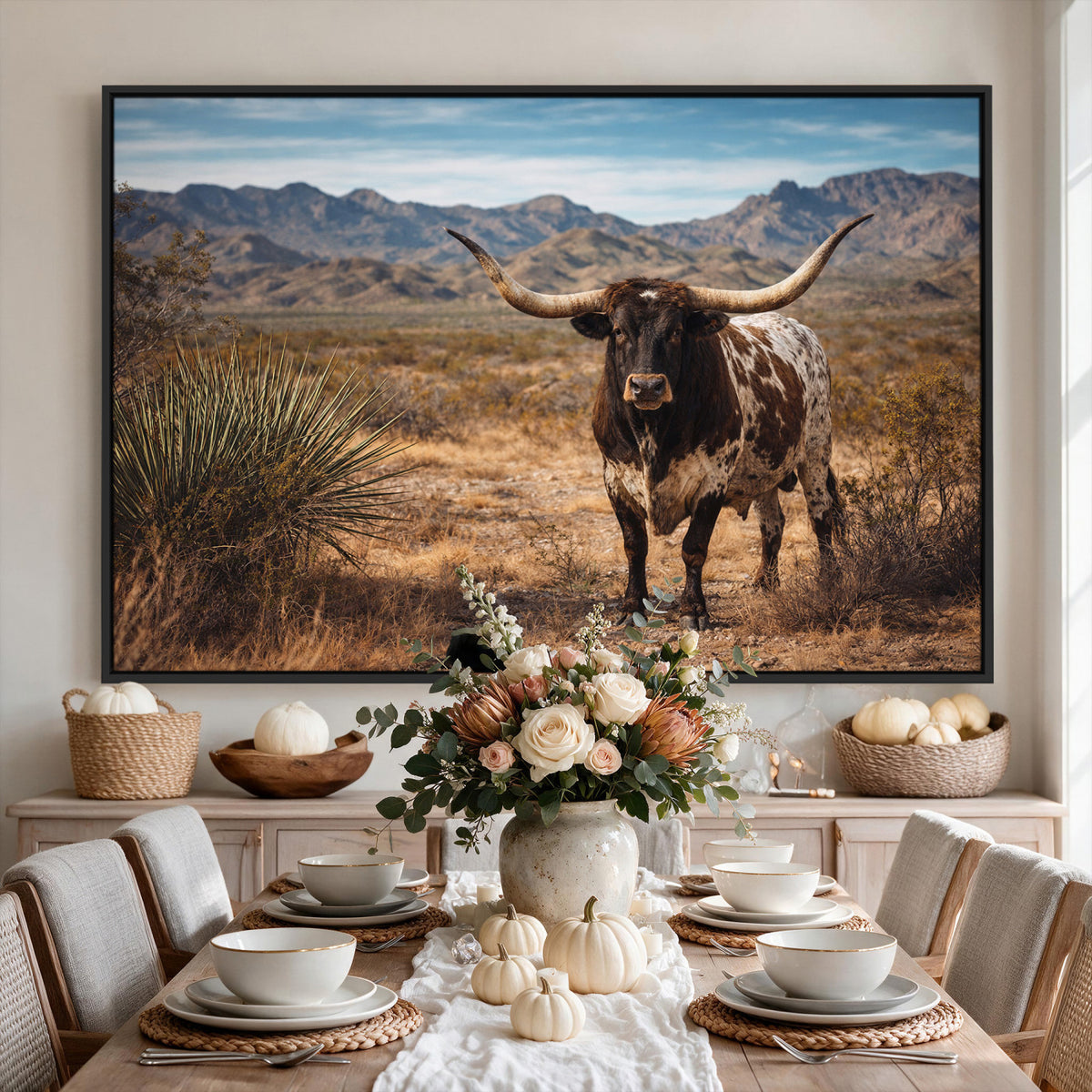 17622011S-MGV-CV-36X24 - Texas Longhorn Bull Wall Art Canvas Print, Western Farmhouse Cowboy Decor, Rustic Texas Ranch Cattle Artwork for Living Room Bedroom Office, Framed Wall Decor