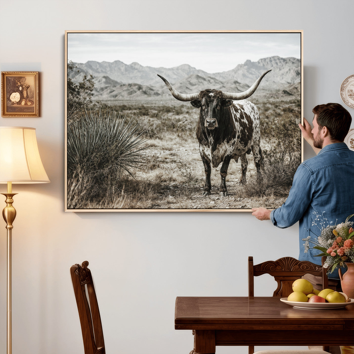 17622011H-MGV-CV-36X24 - Texas Longhorn Bull Wall Art Canvas Print, Western Farmhouse Cowboy Decor, Rustic Texas Ranch Cattle Artwork for Living Room Bedroom Office, Framed Wall Decor