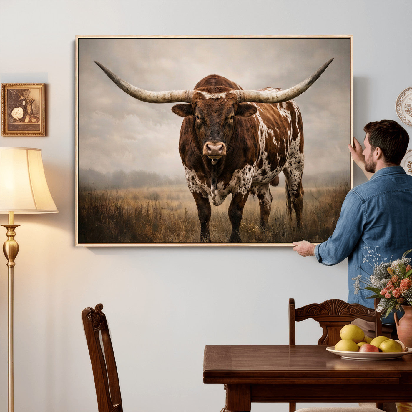 25239047-MGV-CV-36X24 - Texas Longhorn Canvas Wall Art Western Bull Desert Moody Grey Overcast Rustic Farmhouse Framed Large for Living Room Bedroom Office Decor
