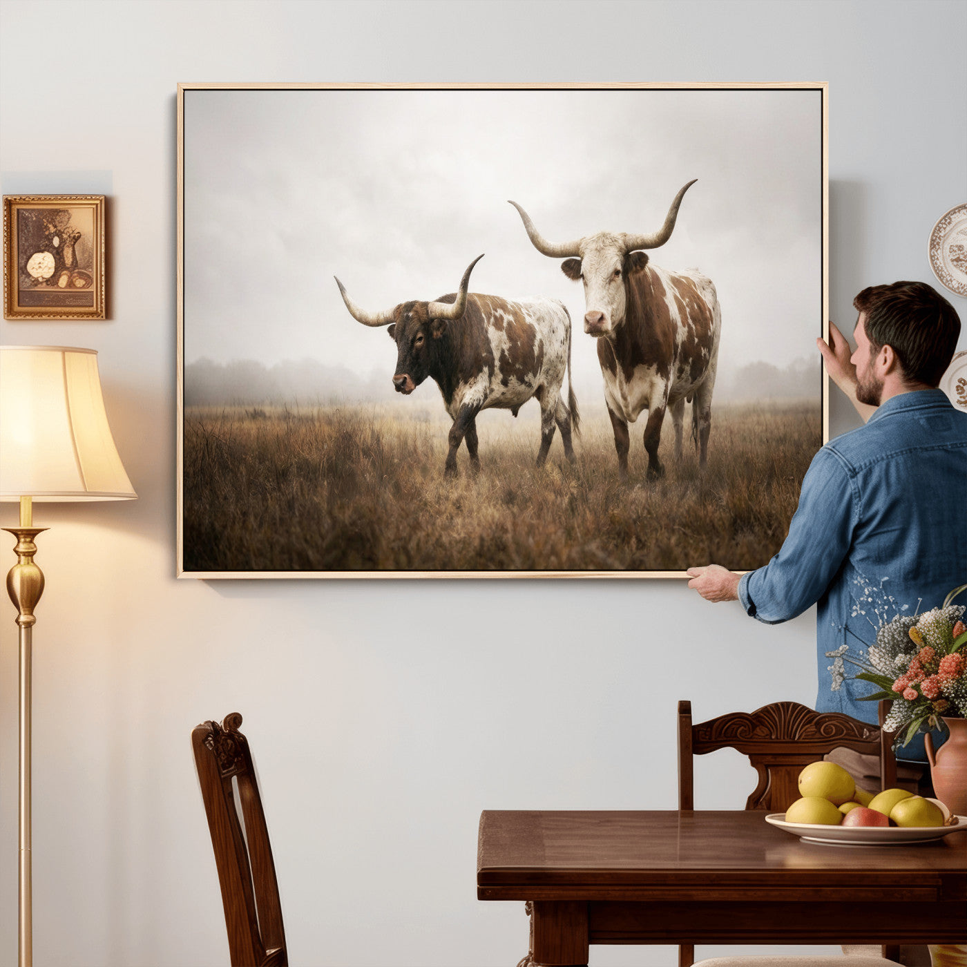 92881702-MGV-CV-36X24 - Texas Longhorn Canvas Wall Art Western Bull Desert Moody Grey Overcast Rustic Farmhouse Framed Large for Living Room Bedroom Office Decor