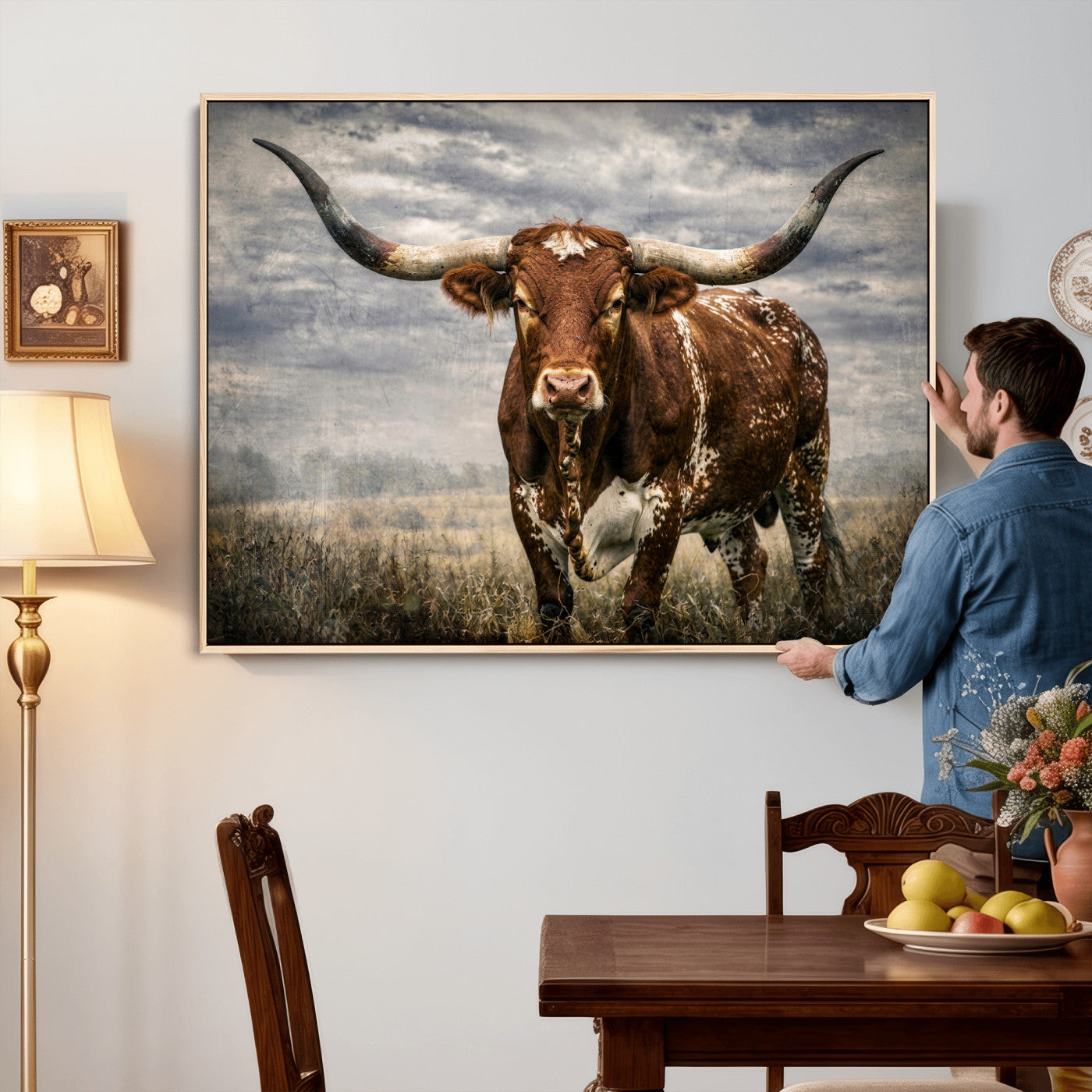14372769-MGV-CV-36X24 - Texas Longhorn Canvas Wall Art Western Bull Desert Moody Grey Overcast Rustic Farmhouse Framed Large for Living Room Bedroom Office Decor