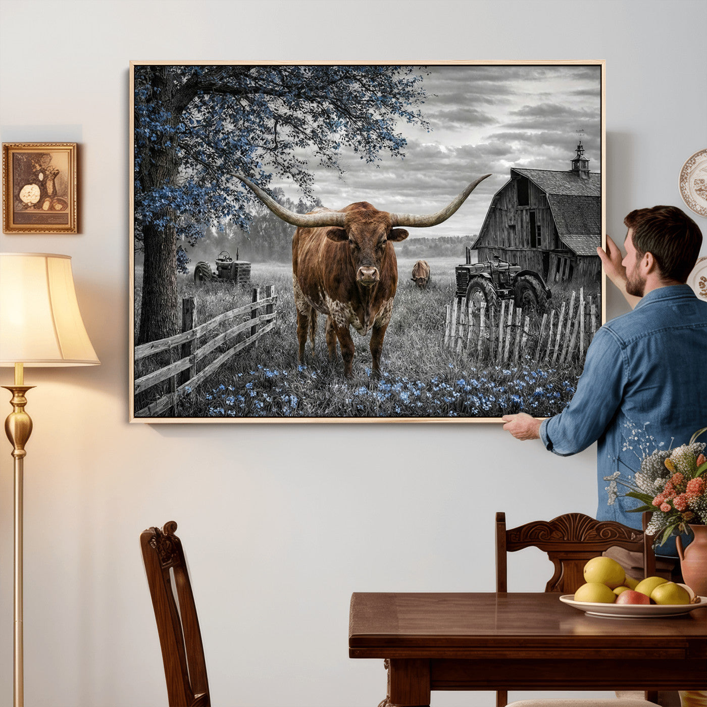 19366343-MGV-CV-36X24 - Texas Longhorn Canvas Wall Art, Rustic Farm Barn Bluebonnet Photography Print, Farmhouse Country Decor, Western Ranch Art, Old Truck Tractor Print