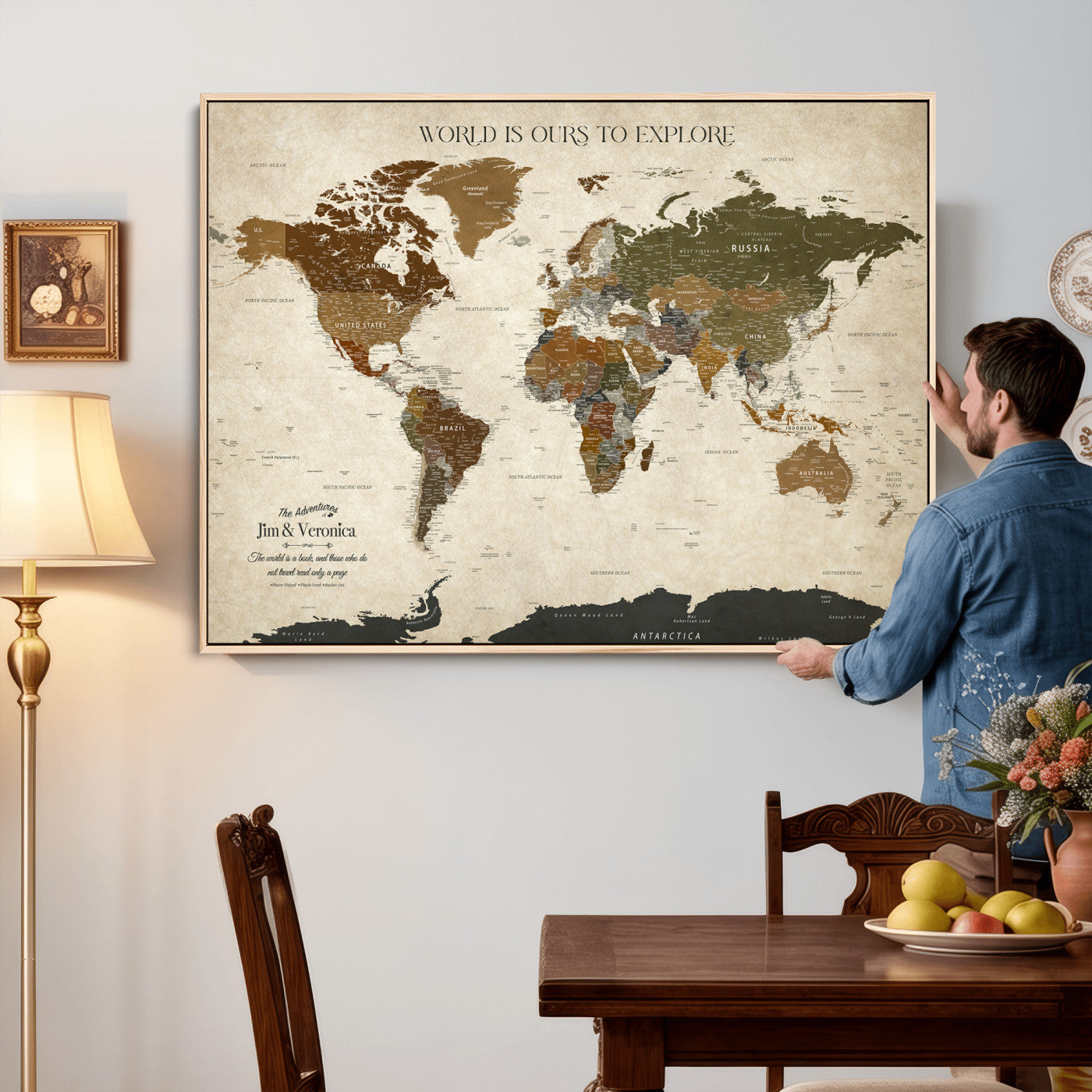 64110391126O-MGV-CV-36X24 - Custom Push Pin World Map Wall Art Canvas Print – Personalized Travel Tracker with Pins Framed Large for Home and Office Decor