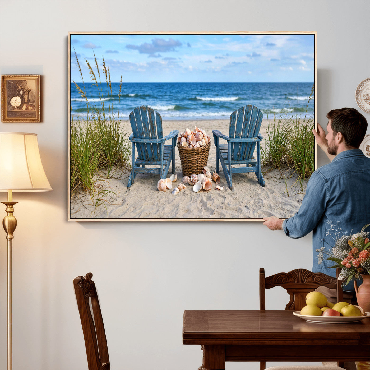80268829-MGV-CV-36X24 - Large Beach Canvas Wall Art Coastal Adirondack Chairs Ocean Seashells Blue Nautical Framed Large for Living Room Bedroom Bathroom Decor