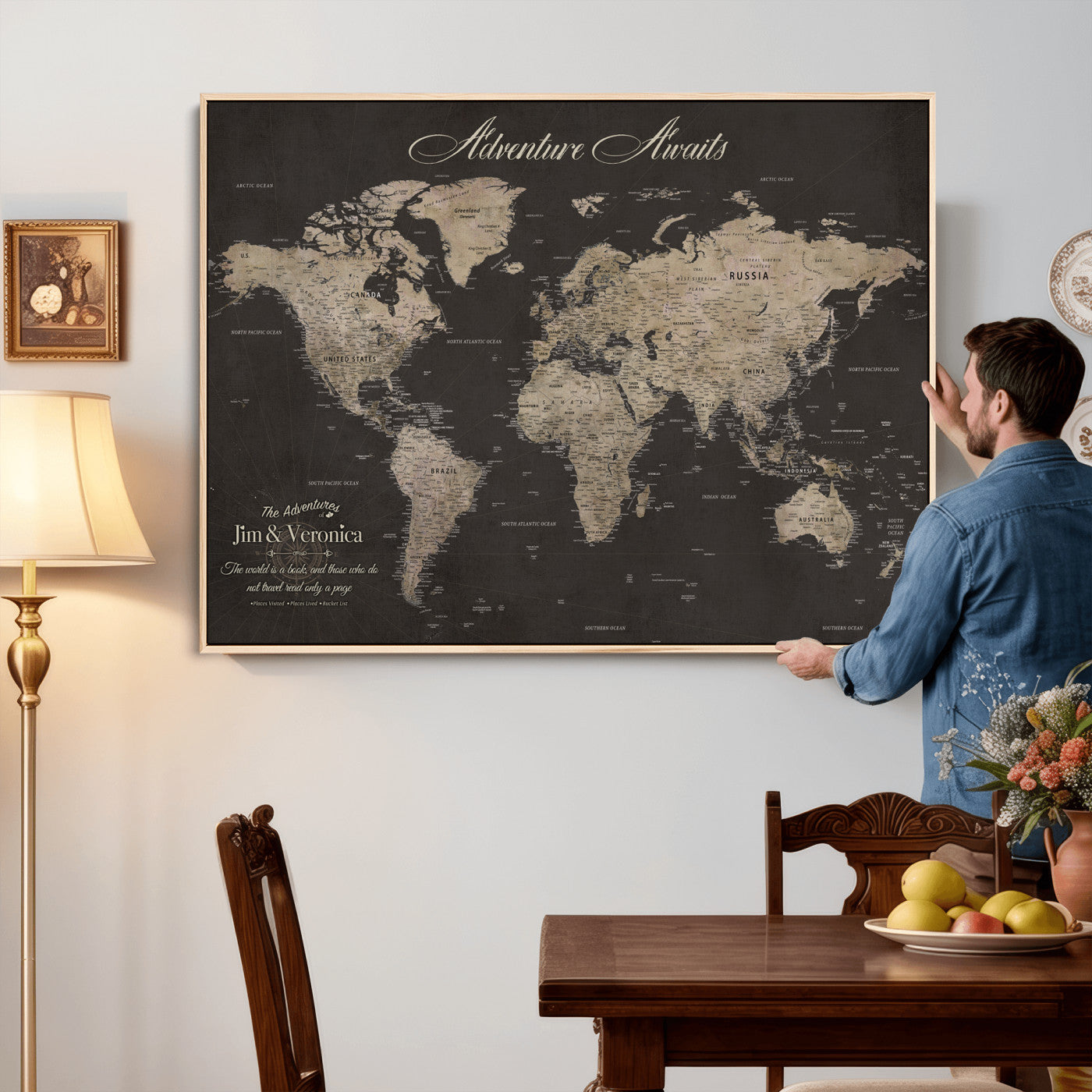 56556018136C-MGV-CV-36X24 - Custom World Map with Pins Canvas Wall Art Dark Charcoal Antique Tan Detailed Every Country Labeled Framed Large for Home Office Living Room Bedroom Decor