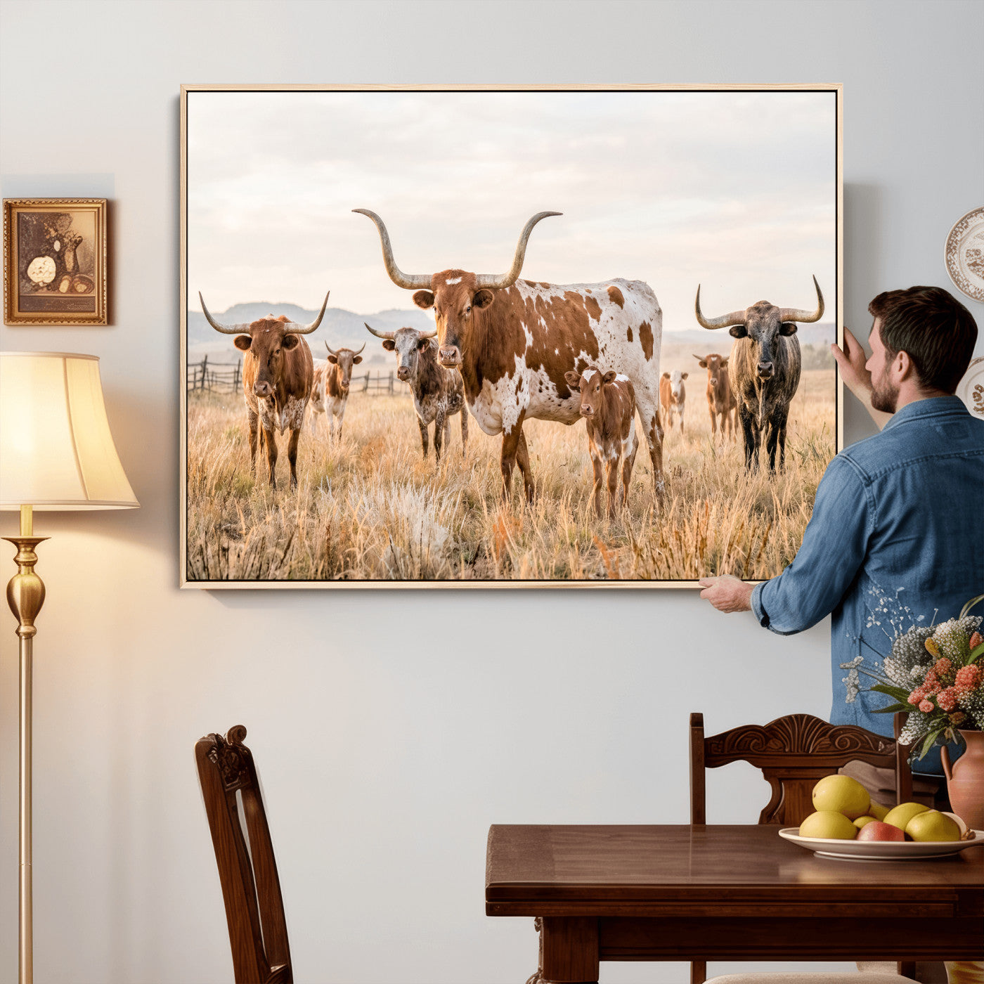 62336425AC-MGV-CV-36X24 - Texas Longhorn Canvas Wall Art, Rustic Farm Animal Photography Print, Farmhouse Country Decor, Western Ranch Art