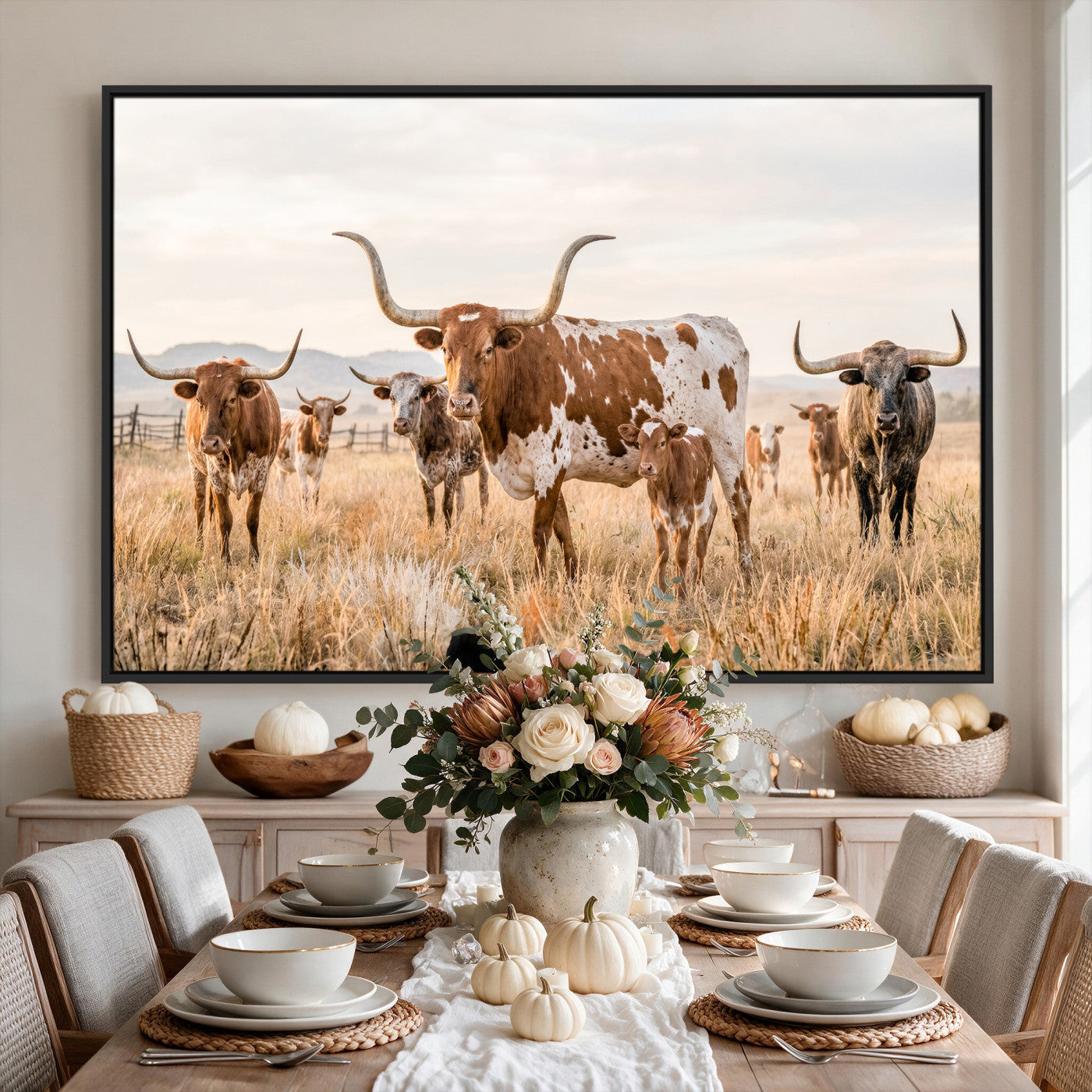 62336425AC-MGV-CV-36X24 - Texas Longhorn Canvas Wall Art, Rustic Farm Animal Photography Print, Farmhouse Country Decor, Western Ranch Art