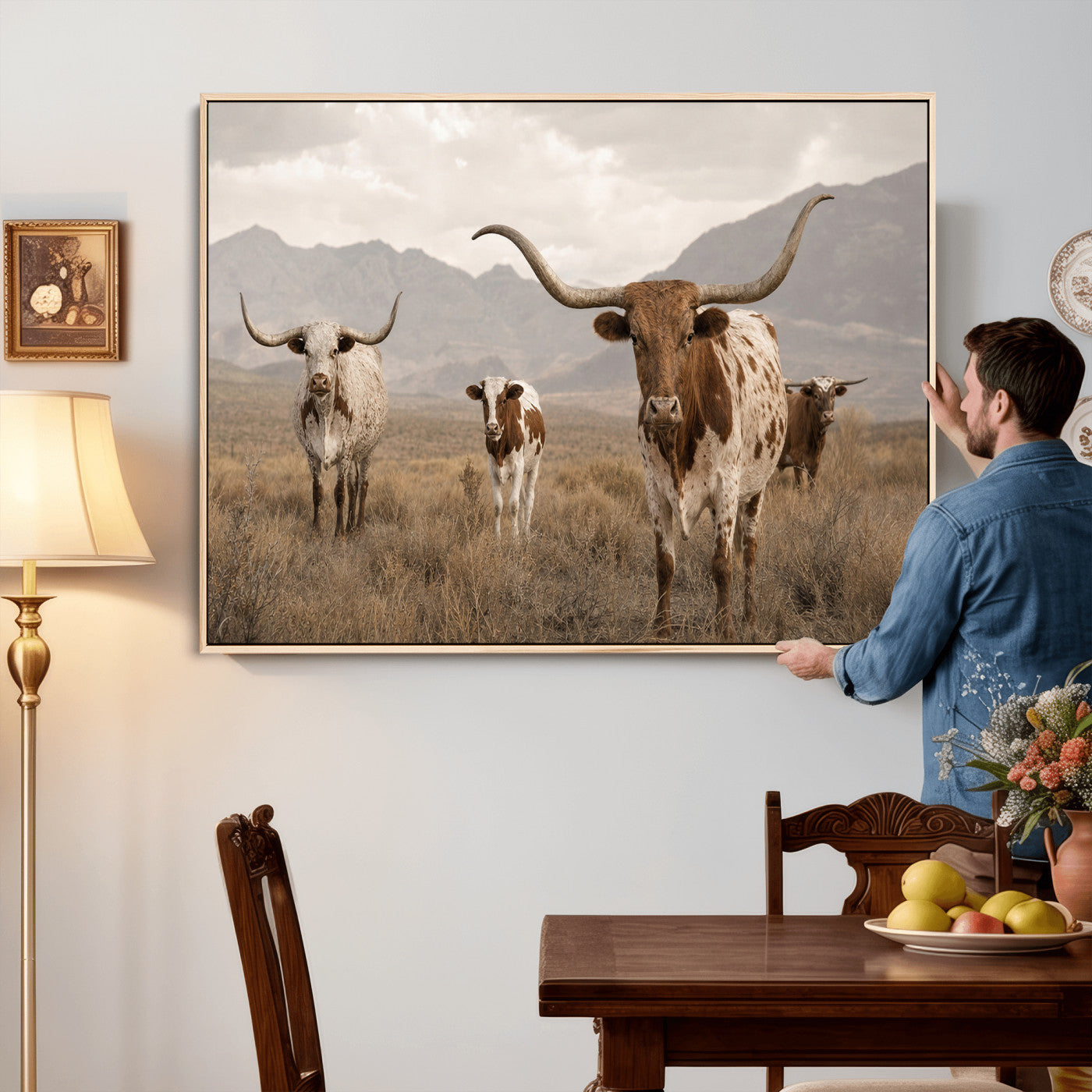 62336425AD-MGV-CV-36X24 - Rustic Texas Longhorn Cow Canvas Wall Art Print, Rustic Farm Animal Photography Print, Farmhouse Country Decor, Western Ranch Art