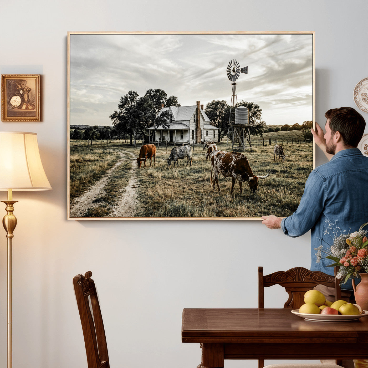 92429425-MGV-CV-36X24 - Texas Longhorn Ranch Wall Art Canvas Print, Rustic Western Farmhouse Decor, Country Landscape Canvas Wall Art, Vintage Cowboy Ranch Picture