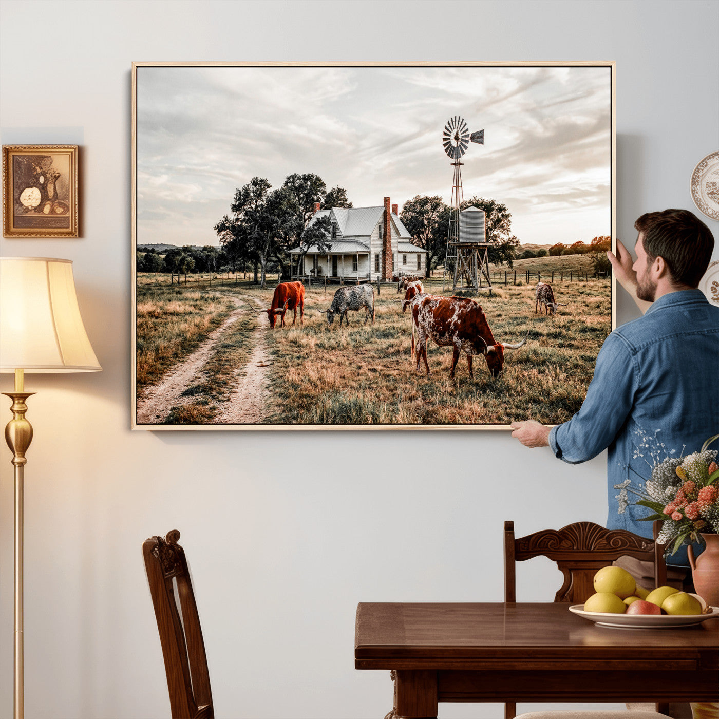 92429425-MGV-CV-36X24 - Texas Longhorn Ranch Wall Art Canvas Print, Rustic Western Farmhouse Decor, Country Landscape Canvas Wall Art, Vintage Cowboy Ranch Picture