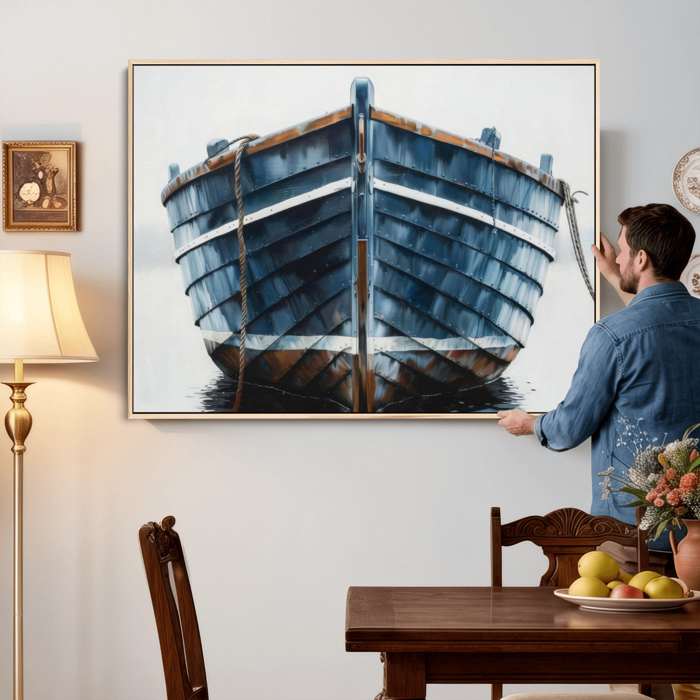 21601740-MGV-CV-36X24 - Blue Wooden Rowboat Canvas Wall Art, Coastal Nautical Boat Painting Print for Lake Beach House Decor, Minimalist Maritime Decor Artwork