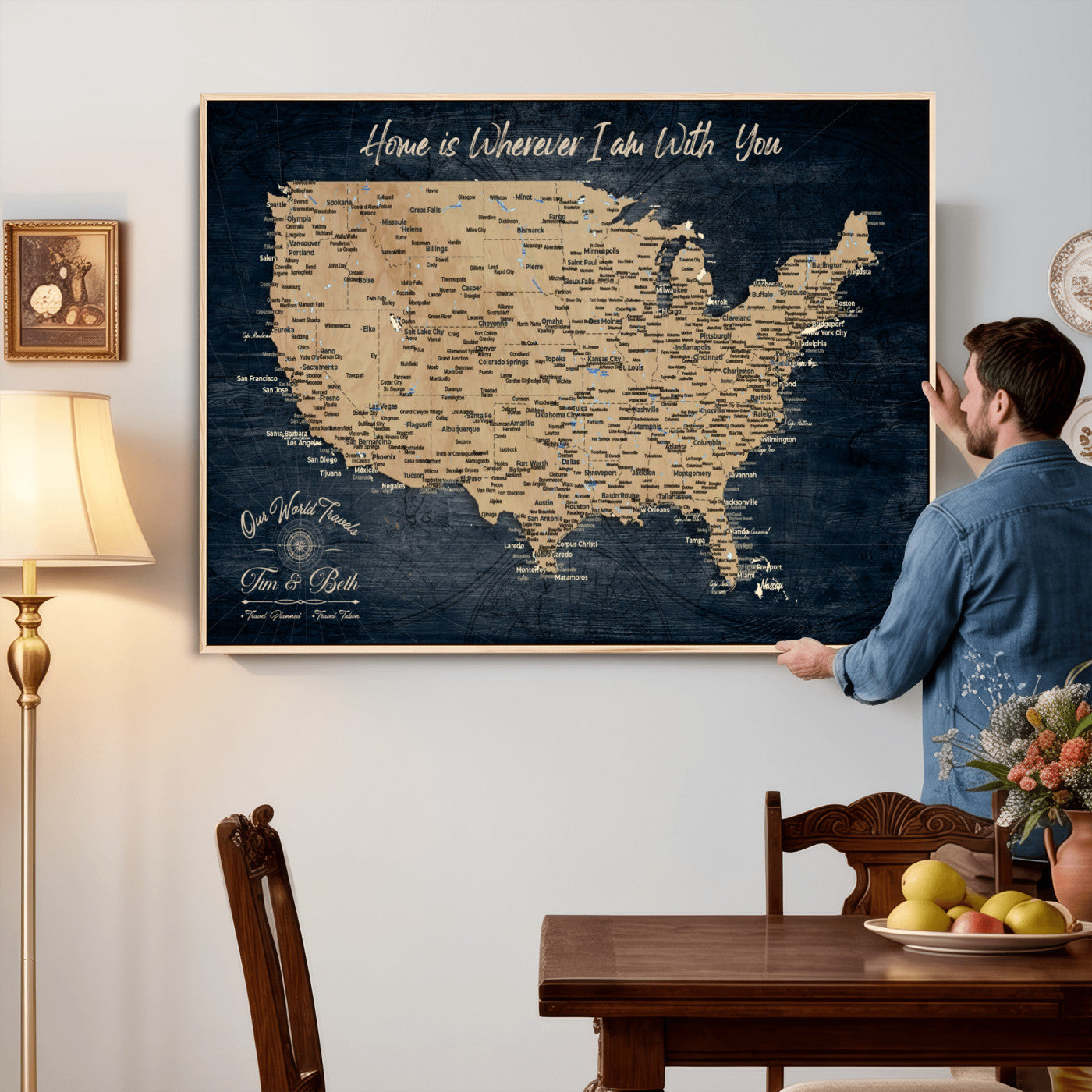 48467834-MGV-CV-36X24 - Custom Push Pin US Map Canvas | Personalized Travel Tracker | USA Cities Map Anniversary Gift for Couples | Adventure America Map Wall Art with Pins