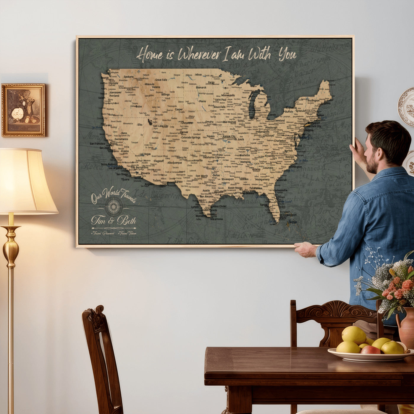 41270900-MGV-CV-36X24 - Custom Push Pin US Map Canvas | Personalized Travel Tracker | USA Cities Map Anniversary Gift for Couples | Adventure America Map Wall Art with Pins