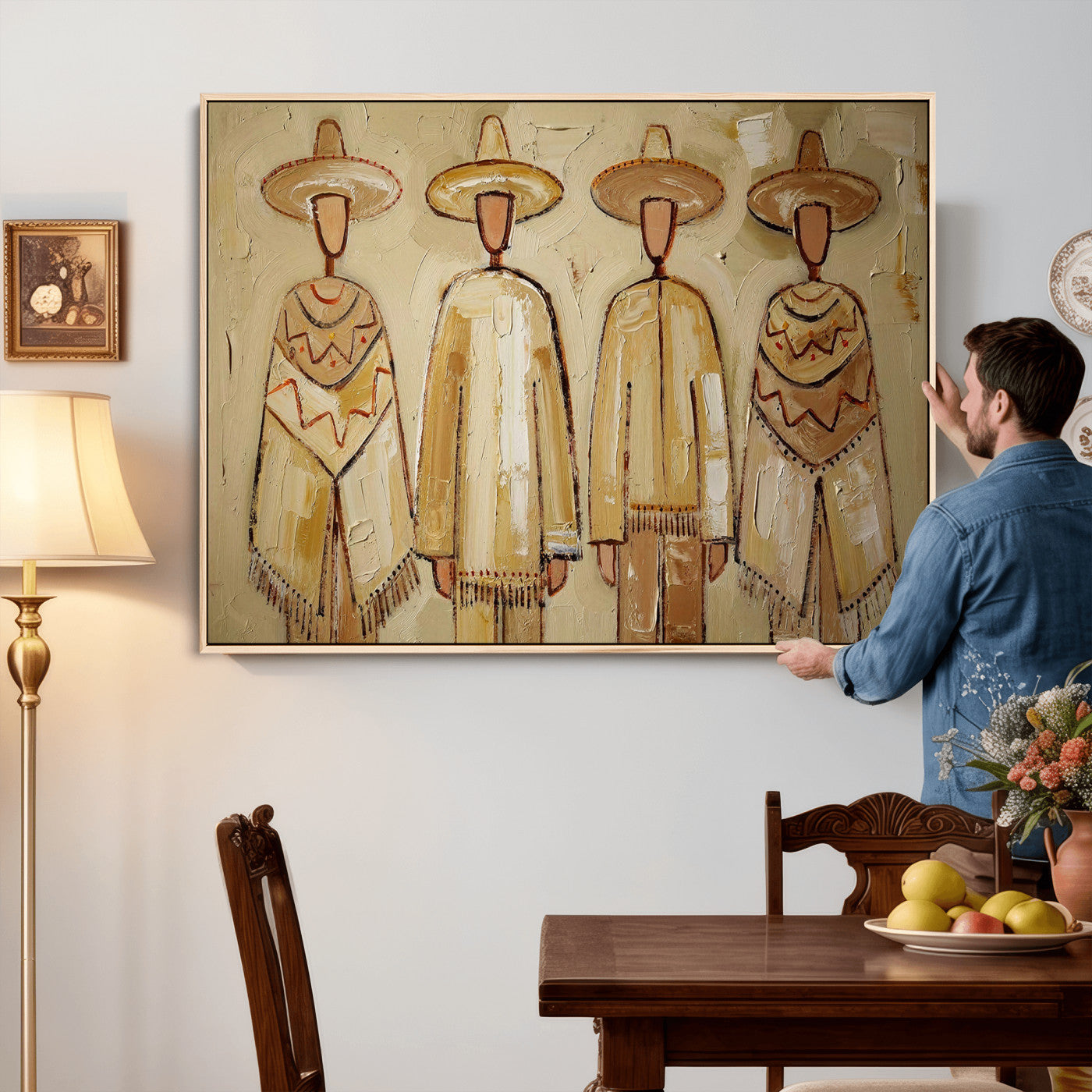 46071653-MGV-CV-36X24 - Mexican Folk Art Canvas Wall Art, Charro Poncho Sombrero Painting Print, Neutral Beige Boho Decor, Southwestern Impasto Style, Living Room Art