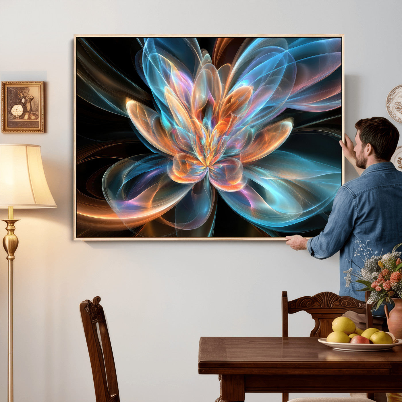 91902283-MGV-CV-36X24 - Fractal Lotus Canvas Wall Art, Blue Orange Glowing Flower Abstract Print, Modern Zen Meditation Room Decor, Ethereal Digital Art, Living Room