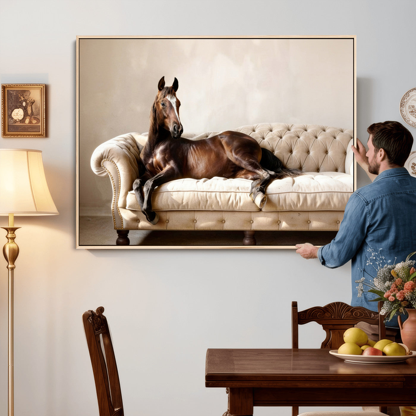 17716841-MGV-CV-36X24 - Funny Horse on Sofa Canvas Wall Art, Quirky Horse Lounging Photo Print, Whimsical Animal Decor, Living Room Conversation Art, Horse Lover Gift