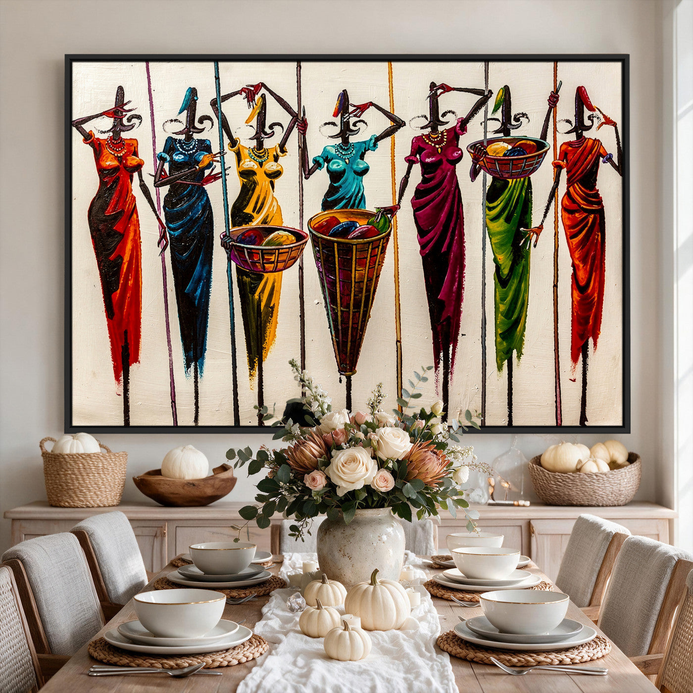 53545627-MGV-CV-36X24 - African Folk Art Canvas Wall Art, Colorful African Women Village Painting Print, Tribal Ethnic Home Decor, Vibrant African Art, Living Room