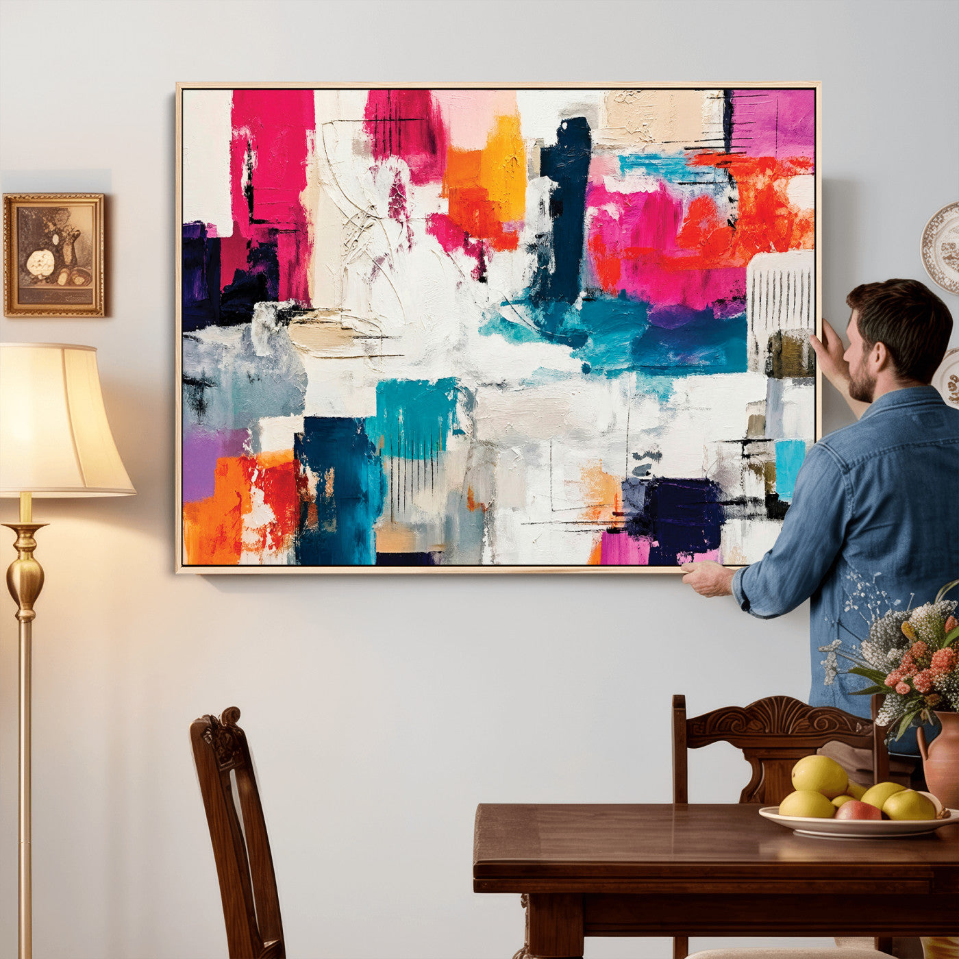 57864023-MGV-CV-36X24 - Blue Teal Abstract Canvas Wall Art | Modern Textured Painting Print, Navy Orange White Contemporary Art, Neutral Living Room Decor, Office Art