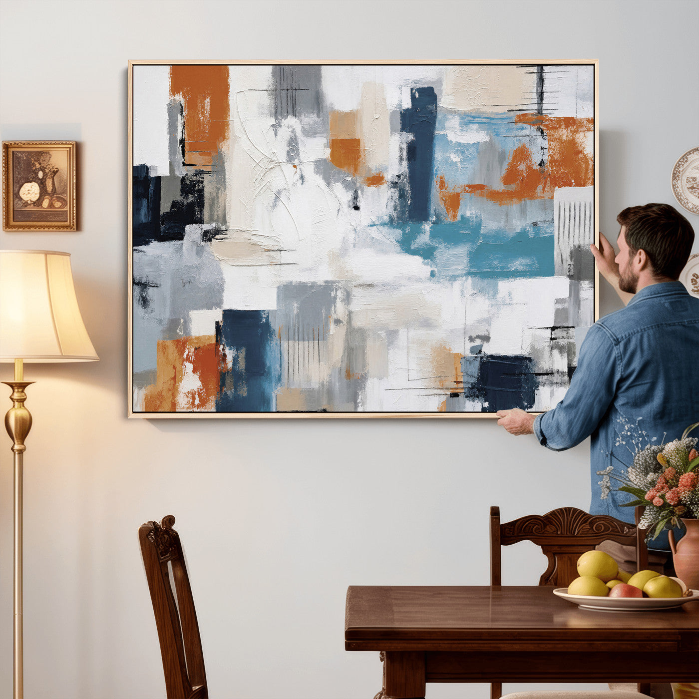 44950303-MGV-CV-36X24 - Blue Teal Abstract Canvas Wall Art, Modern Textured Painting Print, Navy Orange White Contemporary Art, Neutral Living Room Decor, Office Art