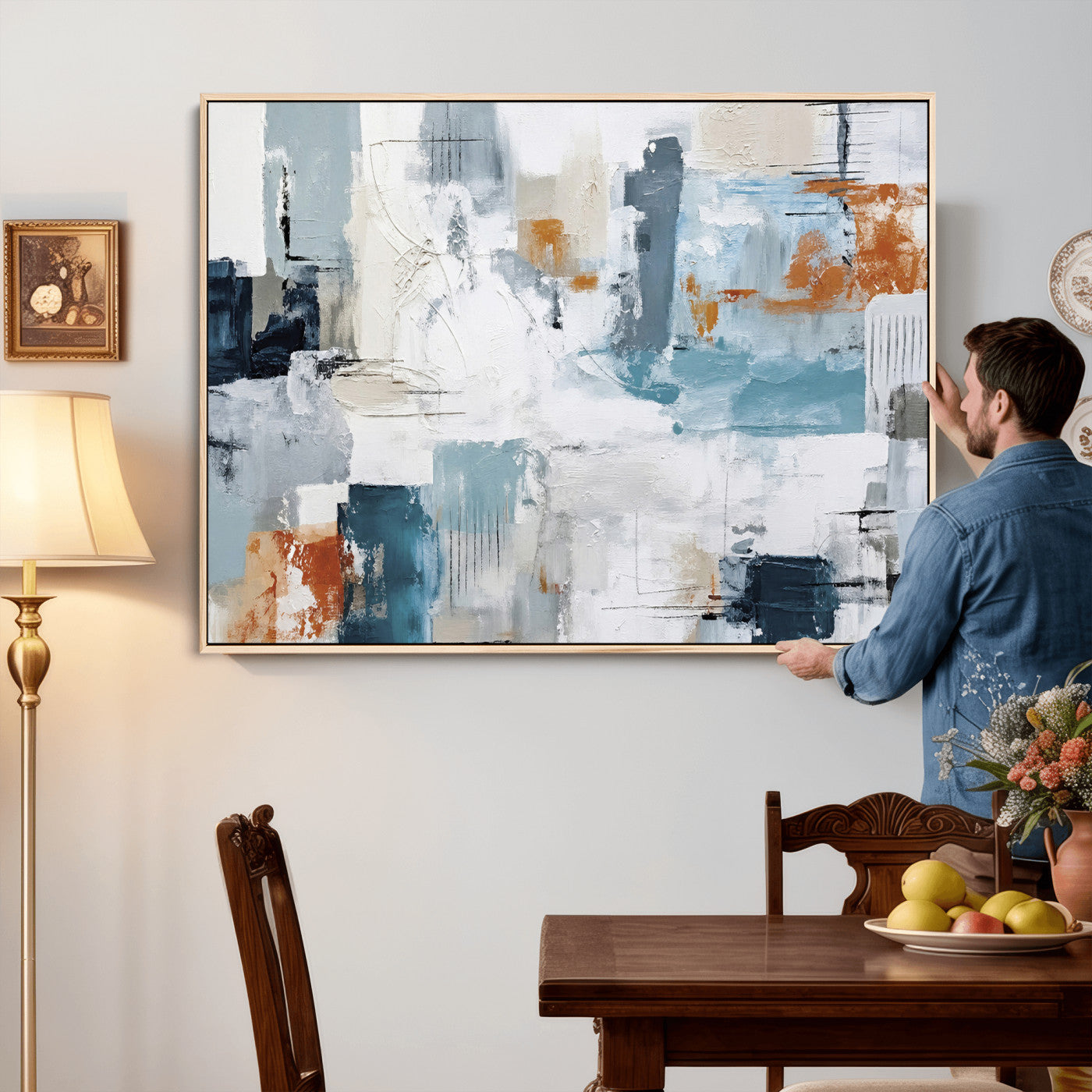98638479-MGV-CV-36X24 - Blue Teal Abstract Canvas Wall Art, Modern Textured Painting Print, Navy Orange White Contemporary Art, Neutral Living Room Decor, Office Art