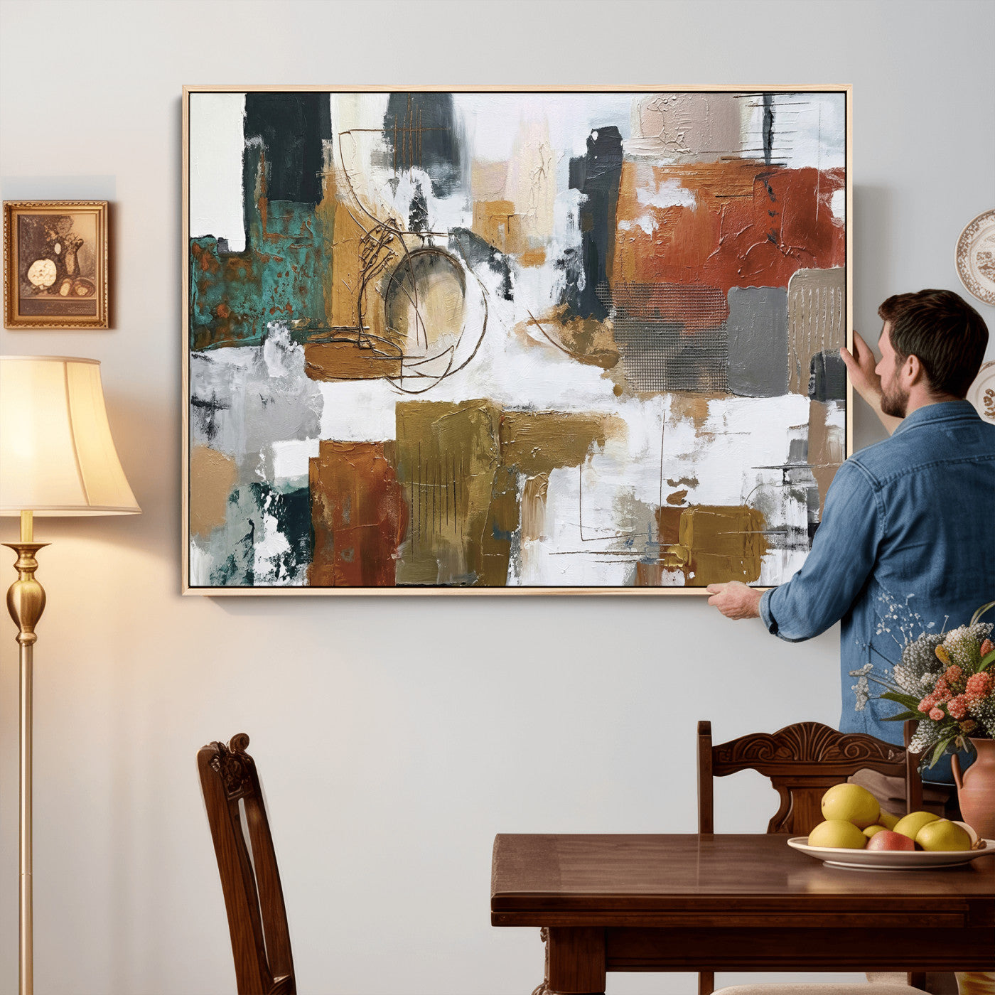 50720312-MGV-CV-36X24 - Blue Teal Abstract Canvas Wall Art, Modern Textured Painting Print, Navy Orange White Contemporary Art, Neutral Living Room Decor, Office Art