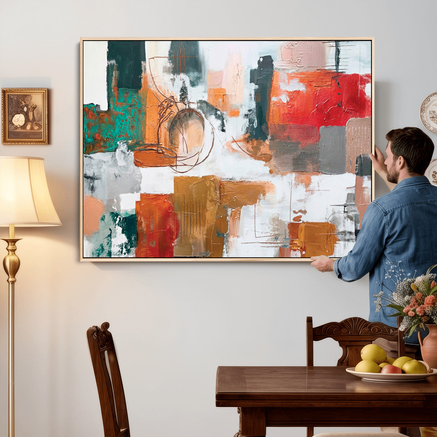 50720312-MGV-CV-36X24 - Blue Teal Abstract Canvas Wall Art | Modern Textured Painting Print, Navy Orange White Contemporary Art, Neutral Living Room Decor, Office Art.