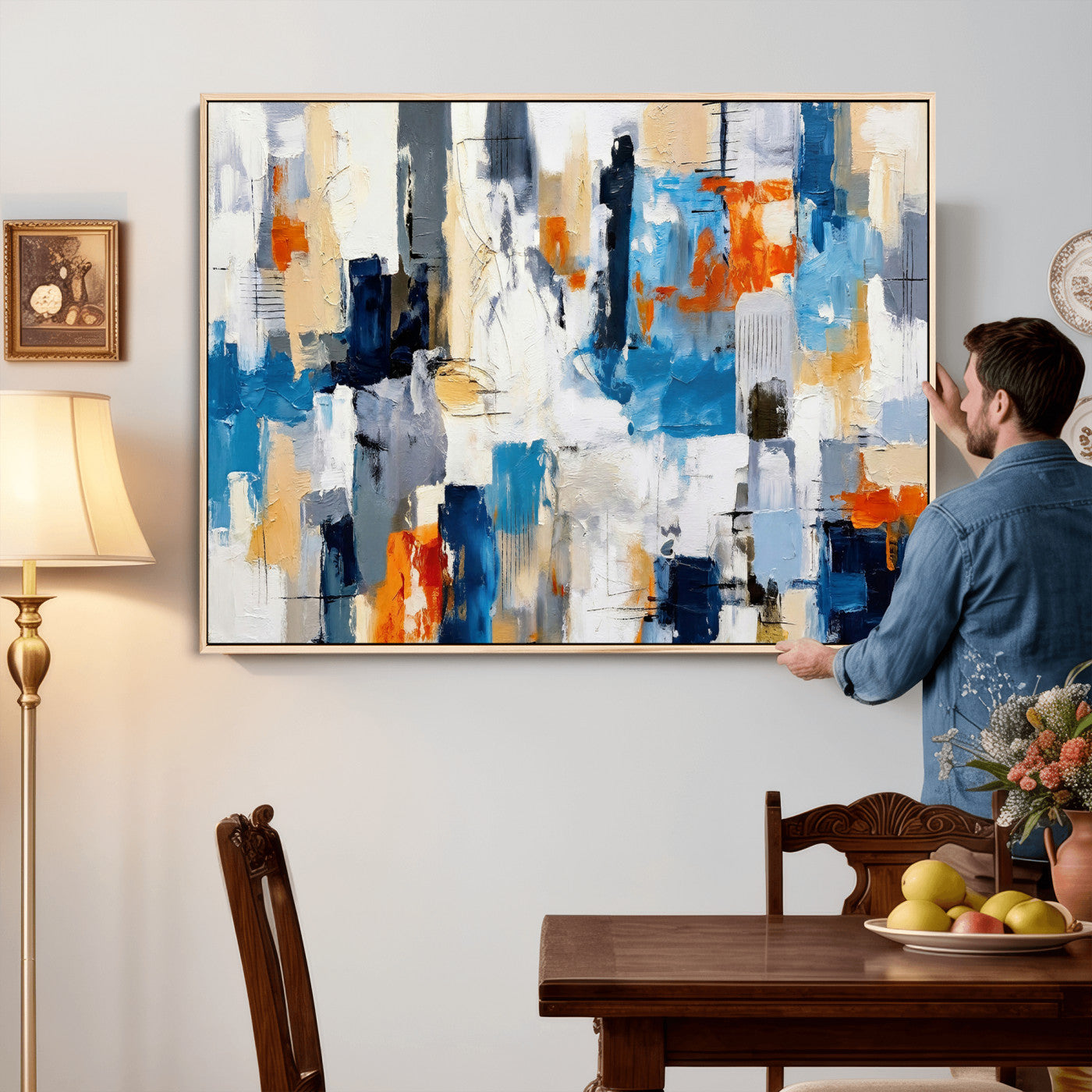 83915061-MGV-CV-36X24 - Blue Teal Abstract Canvas Wall Art, Modern Textured Painting Print, Navy Orange White Contemporary Art, Neutral Living Room Decor, Office Art